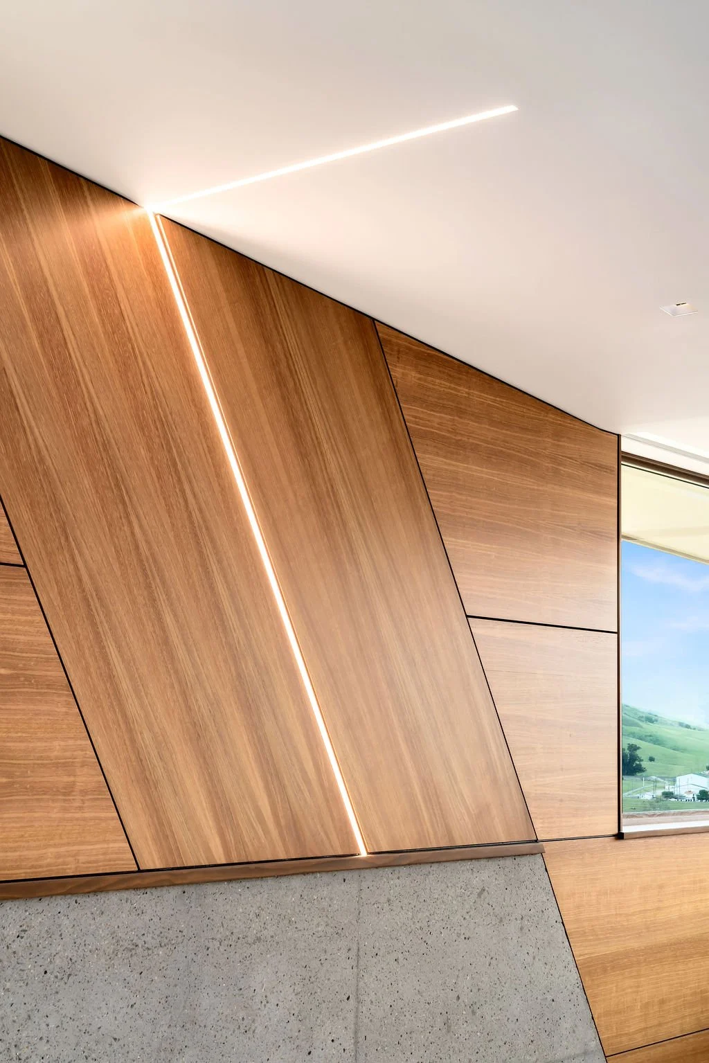 El Halcon_modern interior_modern wood paneling_linear led light_ hand ground concrete_san luis obispo_custom residence_eucalyptus wood