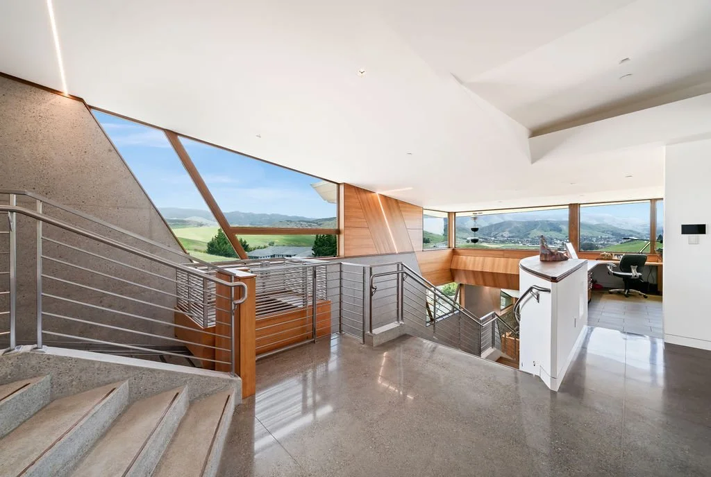 El Halcon_modern interior_funicular_polished concrete_hand ground concrete_san luis obispo_custom residence_eucalyptus wood_panoramic interior views