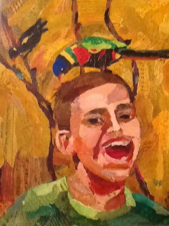 BENJI AND THE BIRDS - 11" x 15" Acrylic Paint and Collage on Canvas