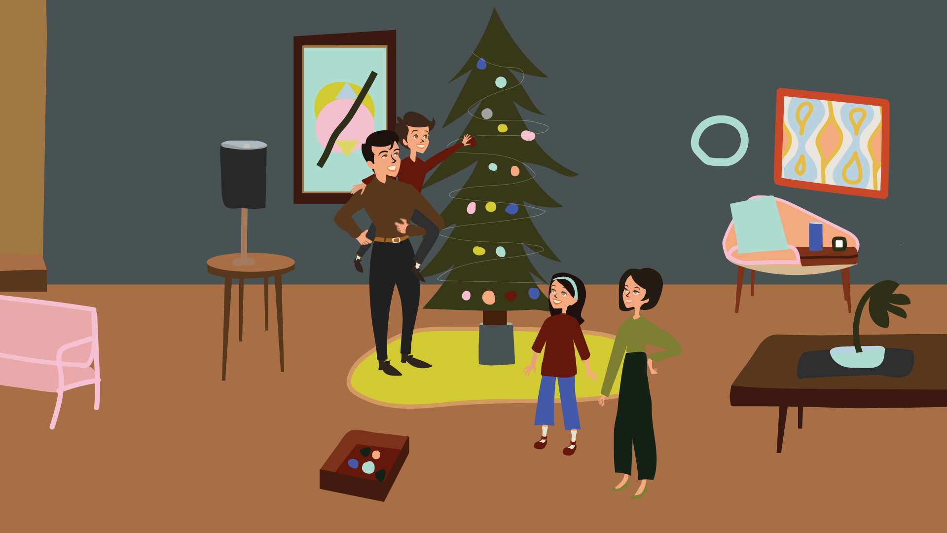 Midcentury-modern-illustration-family-holiday-ChristmasTree-BrittanyByrne-SmartHome.png