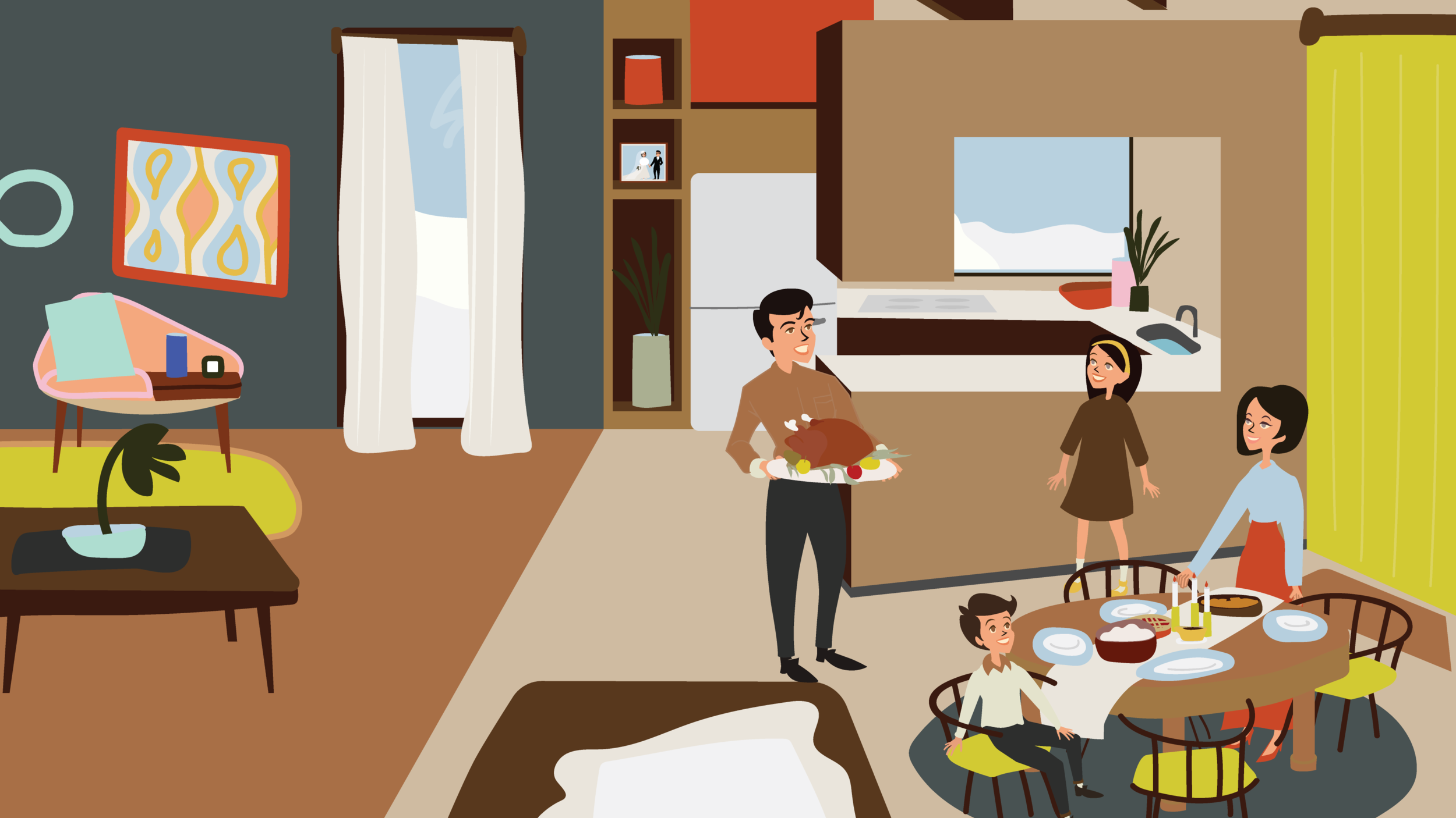Midcentury-modern-illustration-family-holiday-Thanksgiving-dinner-BrittanyByrne-SmartHome.png