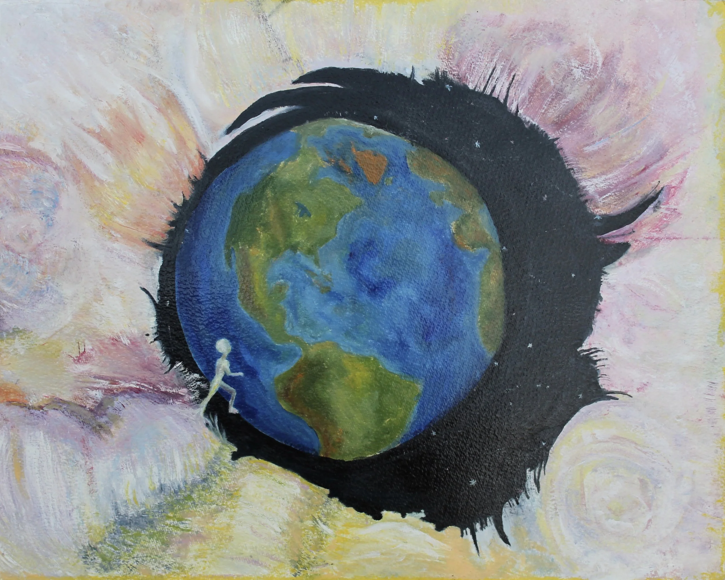 Oil paint on paper 12 in. X 15 in. This painting explores the concept of reincarnation, the rebirth of a soul into a physical body. The light-colored hues billowing on the painting's outer edges depict the spiritual plane of existence. In the center, a portal dilates, opening to reveal an alternative plane of existence: planet Earth. On the portal's edge, a human figure emerges from the colors. It steps into the darkness of space and heads toward the blue and green orb of Earth, ready for another turn at the game of life.