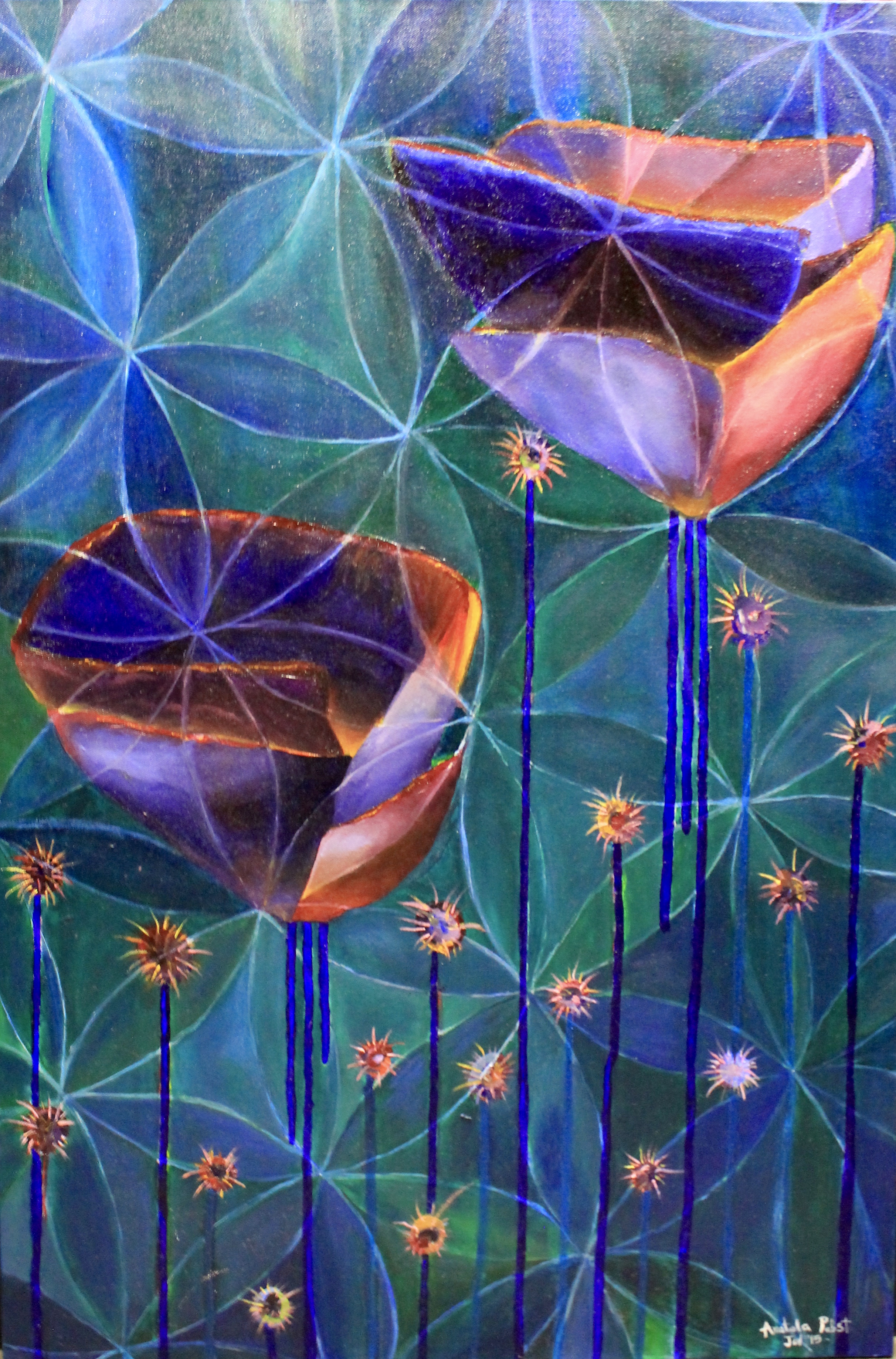 Flowers of Life Oil paint on canvas 36 in. X 24 in. Flowers of Life is covered in the sacred and ancient symbol known as "the flower of life". This geometry is said to hold all the building blocks of nature, including the Phi ratio and the Fibonacci spiral. The large blossomed flowers represent phenomena already realized and manifest. On the other hand, the many tiny buds symbolize matter still in the form of potential and possibility. Flowers of Life will bring the healing energies of evolution and manifest desires into any space it enters. 