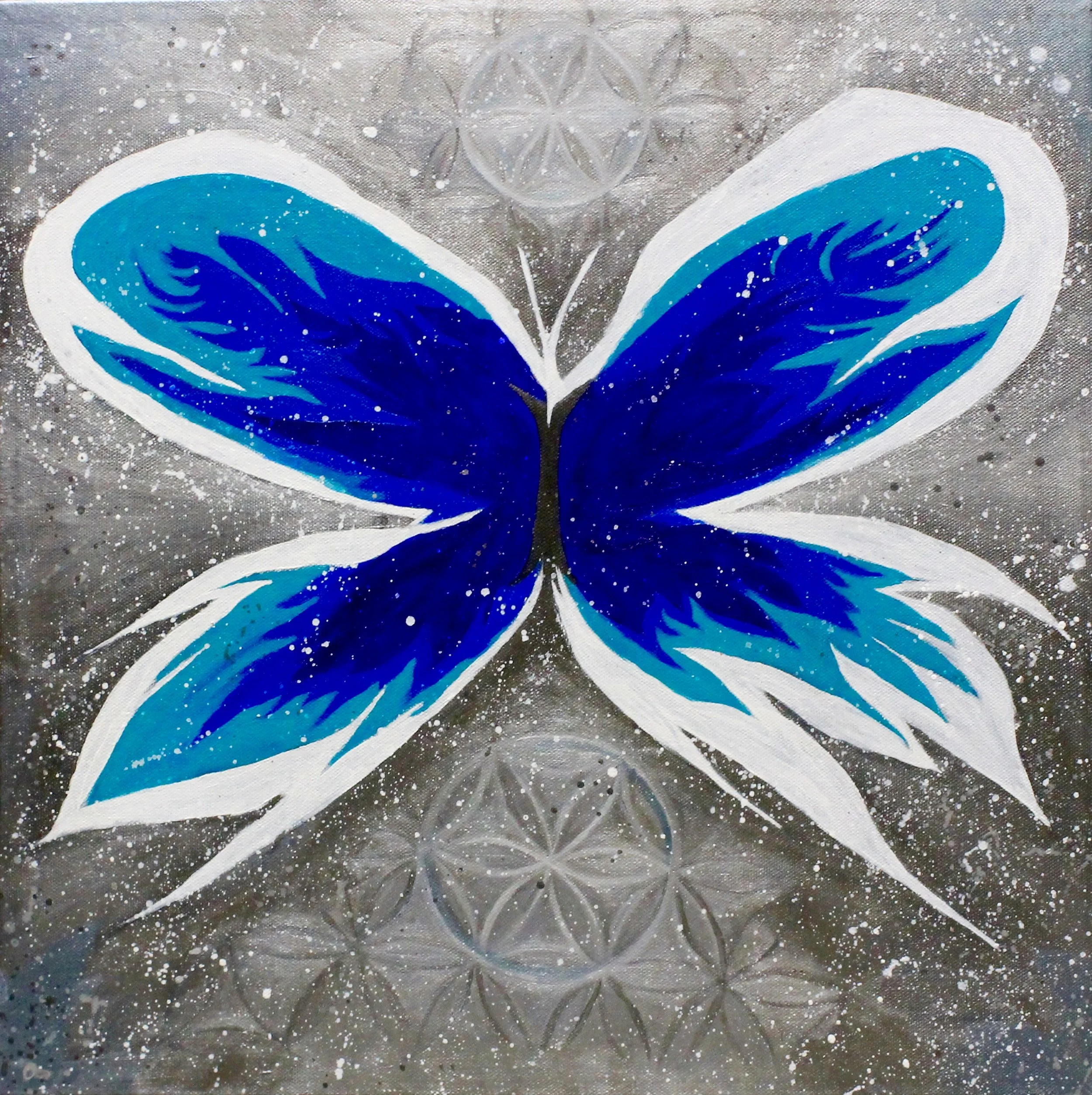 Journey to Y-O-U Acrylic paint on canvas 18 in. X 18 in. Just like a caterpillar goes on a journey to become a butterfly, each one of us is also on our own journey to evolve into the highest versions of ourselves. Journey to Y-O-U embraces this adventure and celebrates the possible butterfly within each of us.