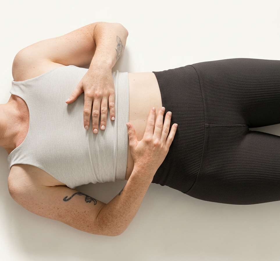 Esther with hands resting on her torso