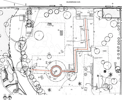 The City's 2016 plan for a walkway from the Brackenridge Park Bridge entrance to Miraflores to the gate at Hildebrand included one circular walkway around the reflecting pool. The walking path is indicated by the red line. The scales of this drawing and the sketch below are approximately equivalent. Photo courtesy of RVK Architects. Used with permission.