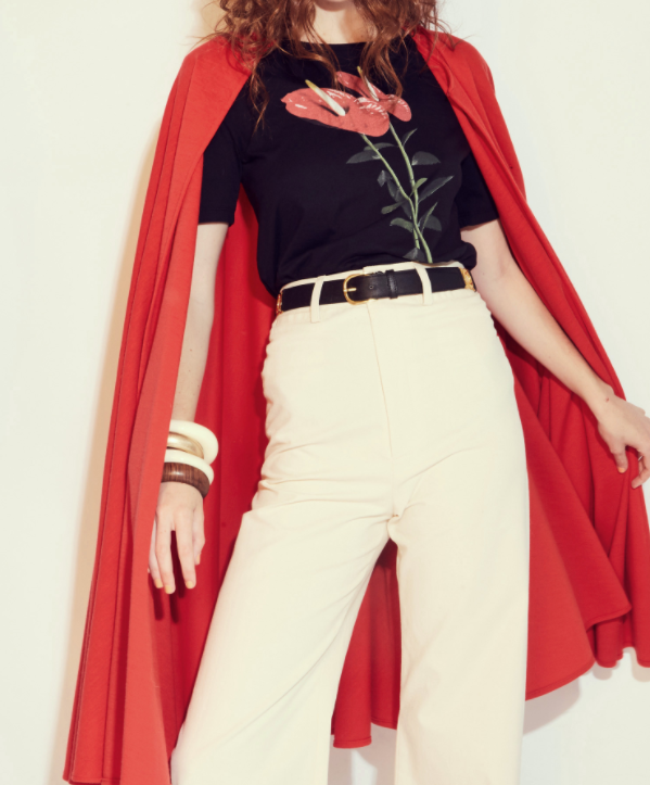 The power trio. Floral black t-shirt plus a high waisted white pant (red cape optional).