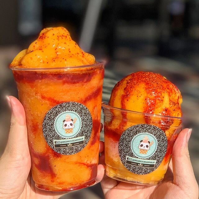 Cool off the right way 🤤 come enjoy our mango sorbet blended or in a scoop and spice things up with some Taj&iacute;n &amp; Chamoy 😍😛🍦🐼 #happycincodemayo