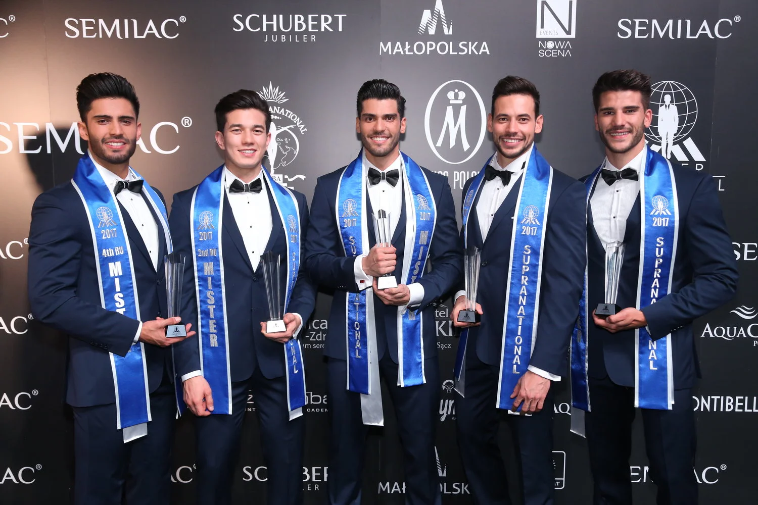 Mister Supranational 2017, Gabriel Correa (Center) with (fLtR) 4th runner-up Mexico, 2nd runner-up Brazil, 3rd runner-up Slovakia and 1st runner-up Spain. 