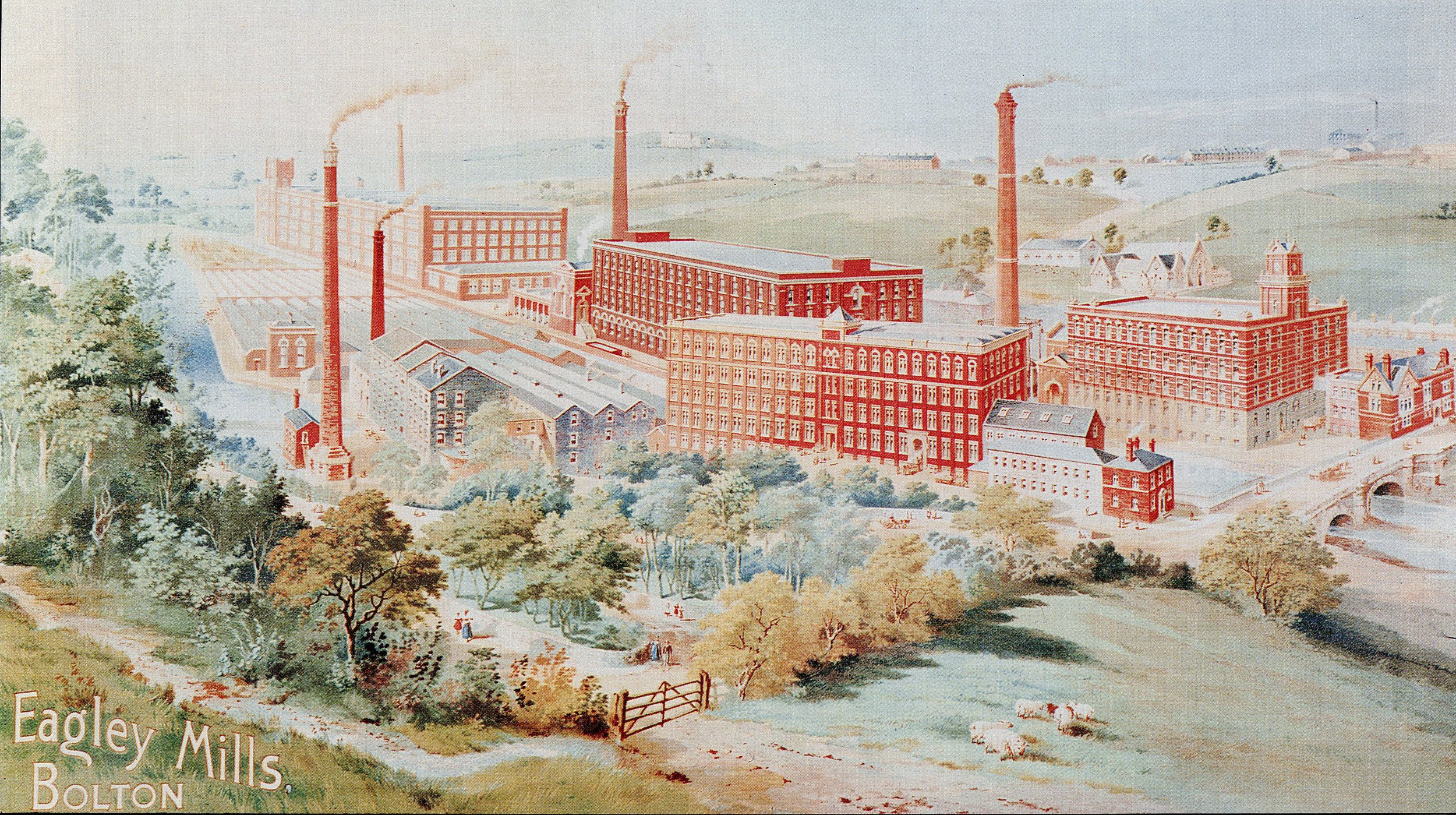 Eagley Mills, Bolton. Two of these mills are still standing, I watched the others being demolished from the windows of my classroom in the old Eagley schoolhouse in the late 80's (the stone building just above the mill on the far right.