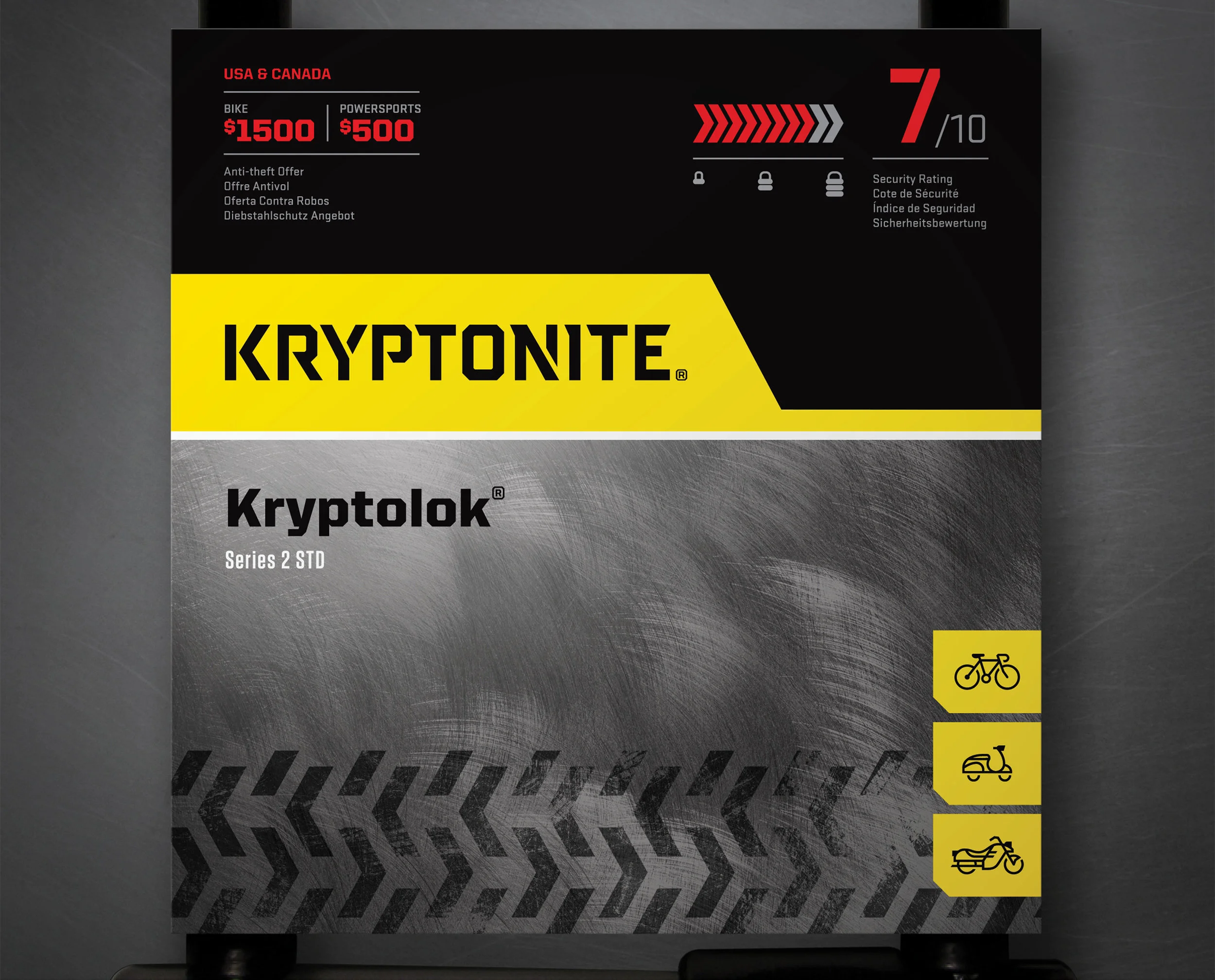 Seeking a visual refresh, I helped Kryptonite create a new brand system for their packaging, including a redesign of their key products. Particular emphasis was placed on making the lock rating system more clear and immediately identifiable. The Kryptonite wordmark was redrawn and the chevron shape formed by the arm and leg of the letter "K" was used throughout as a branded element. Credits: Creative Director: Mike Calkins Design: Jacob Carter Work completed at Mint Design in Seattle, WA
