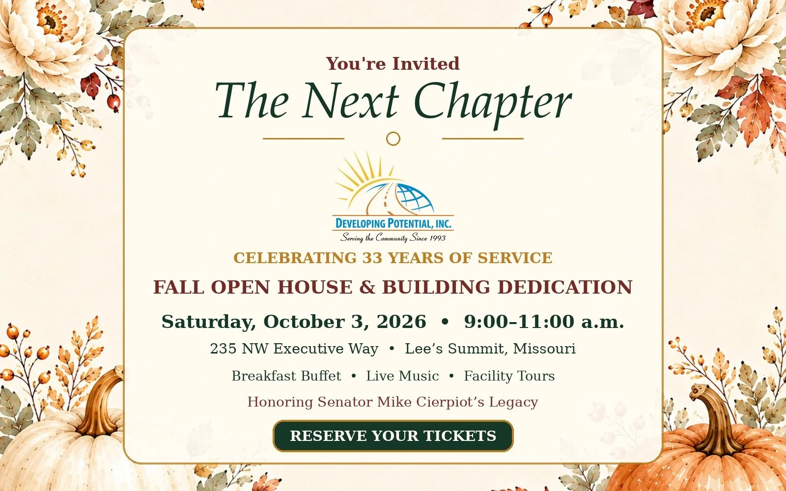 DPI's invitation to the fall open house themed "The Next Chapter" on Saturday, october 3rd from 9:00 to 11:00 a.m. with food, music, tours to celebrate 33 years