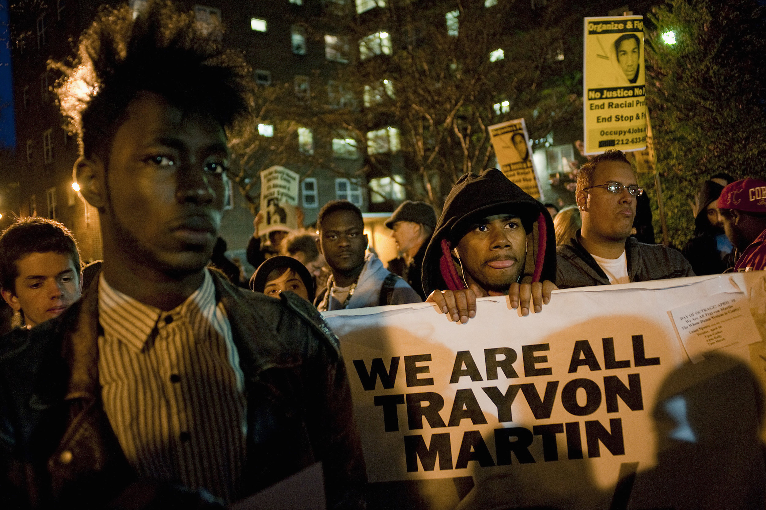  Demonstrators march in a rally in support of slain teenager Trayvon Martin in New York April 10, 2012. The February 26 killing of the black teenager by neighborhood watch captain George Zimmerman, a Hispanic man, has triggered protests around the co