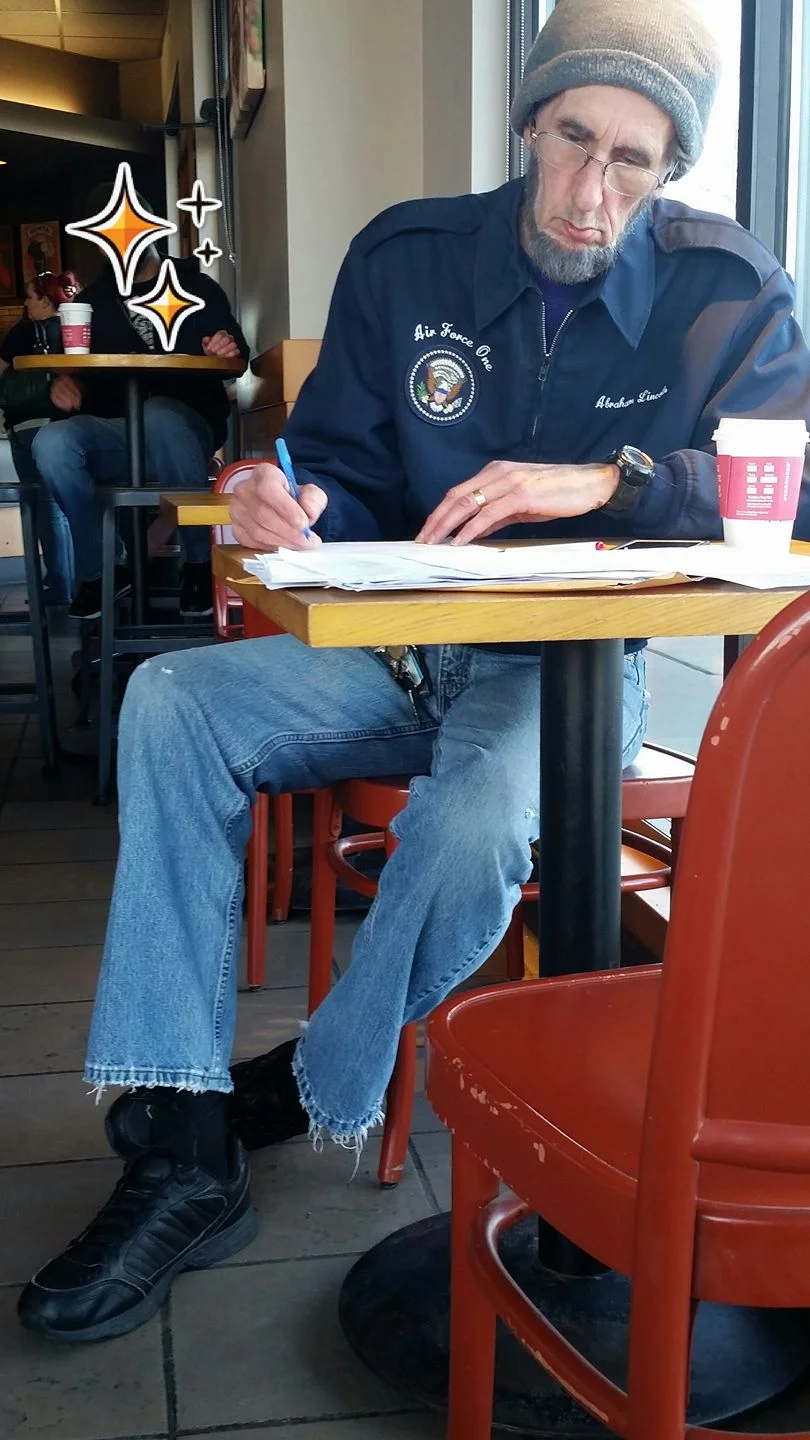 Honest Abe (aka Lance Mack from Marion, IA) enjoying a morning bevvie at Starbucks. 