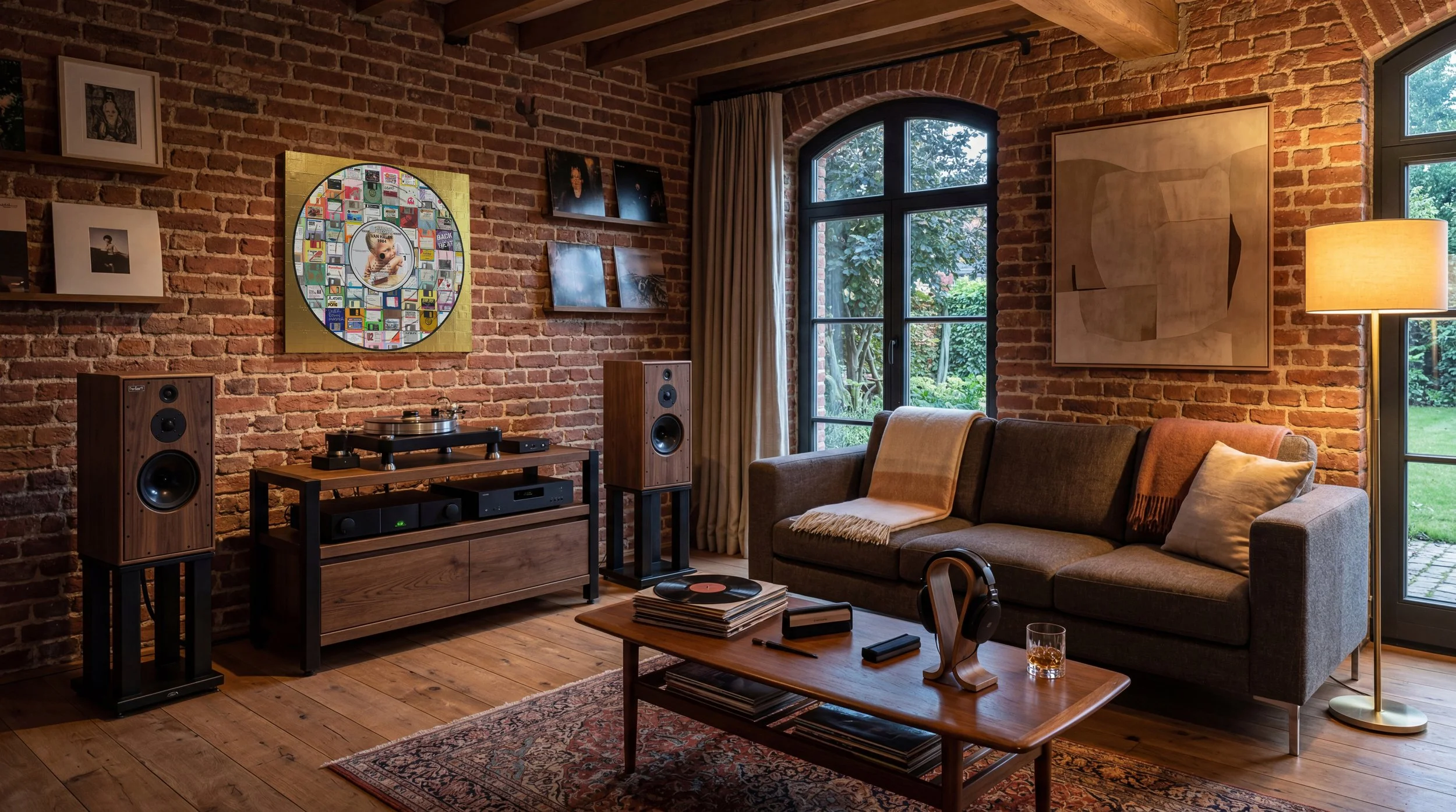 Taylor Smith’s Van Halen 1984 Vinyl Series artwork displayed in a brick-walled listening room above a vintage turntable and stereo system.
