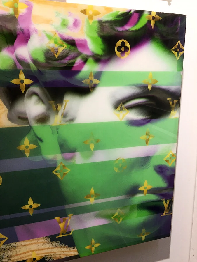 "Renaissance Disaster in Purple &amp; Green" detail view of contemporary painting on panel