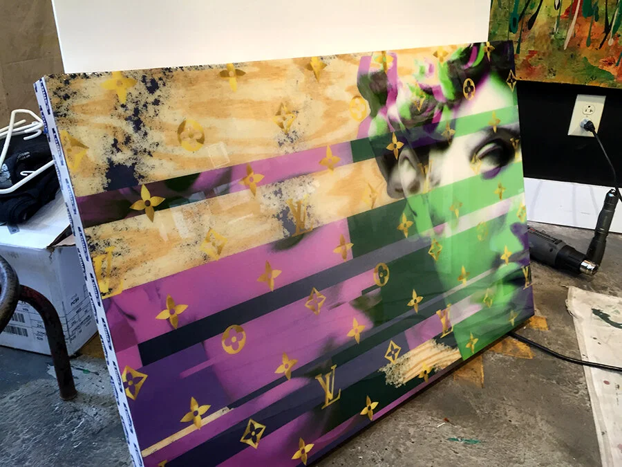 "Renaissance Disaster in Purple &amp; Green" studio view of contemporary painting on panel