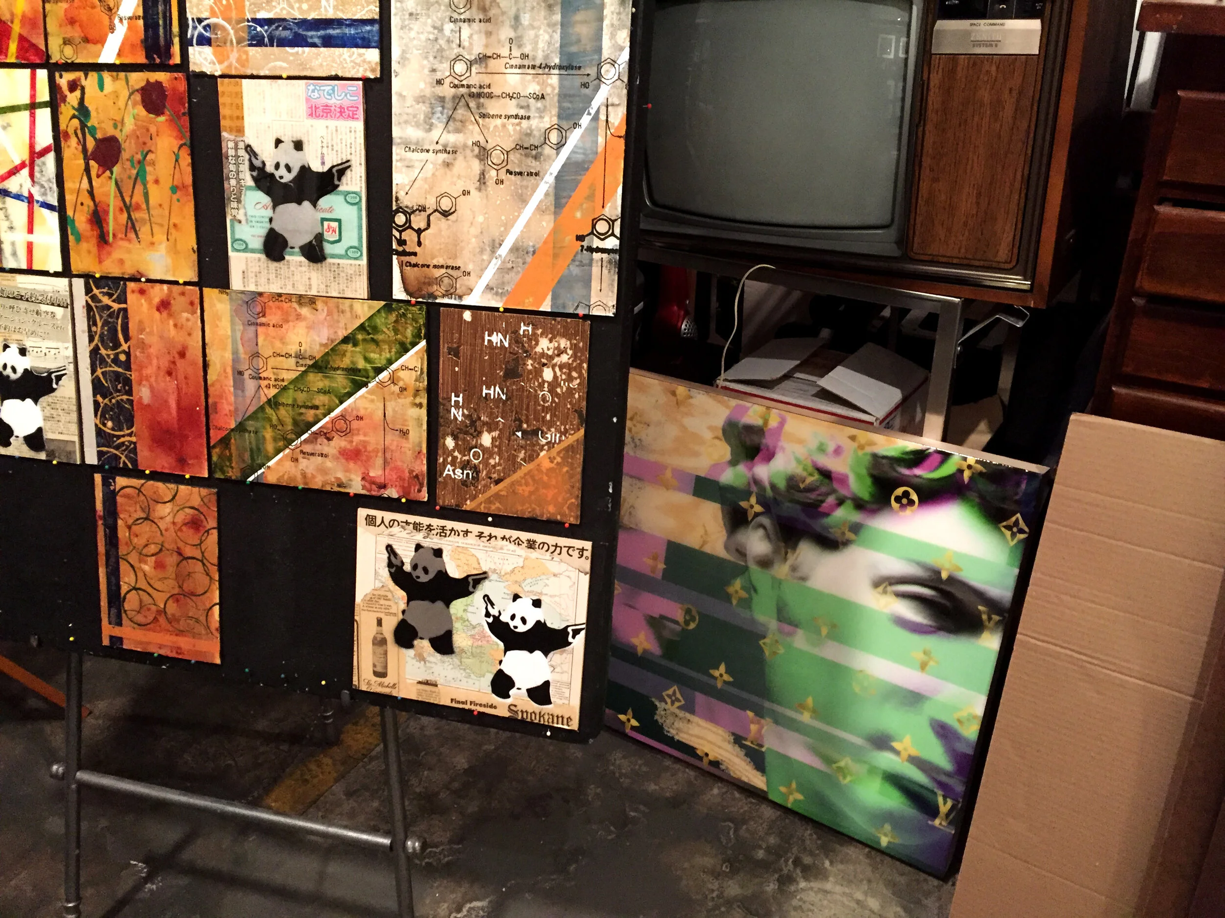 "Renaissance Disaster in Purple &amp; Green" studio view of contemporary painting on panel