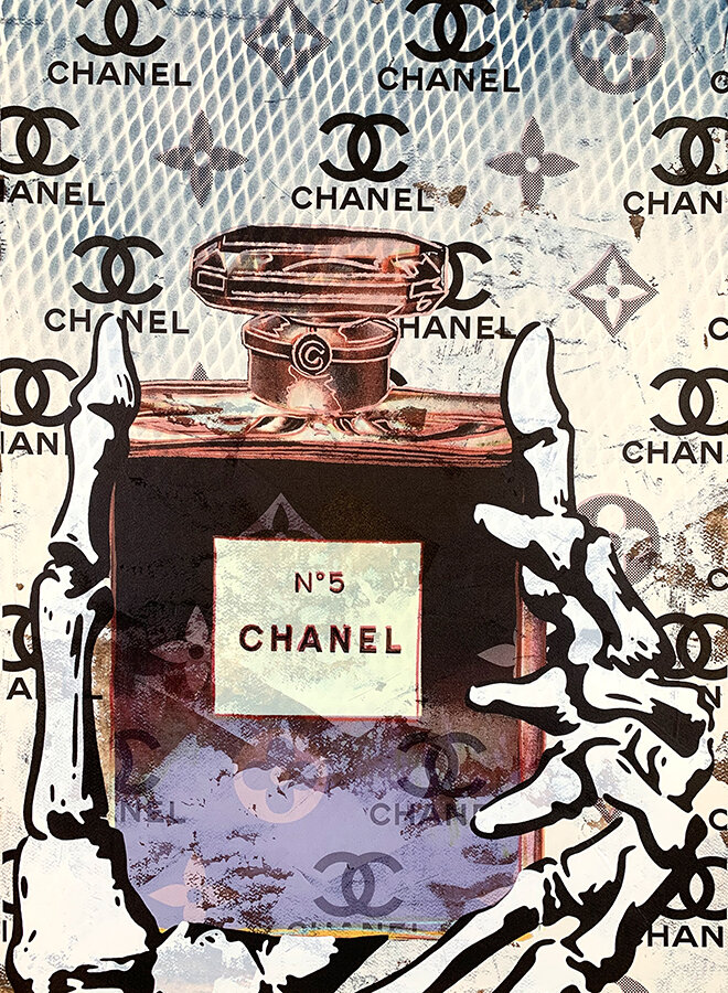 "Chanel No. 5 Disaster with Skeleton Hand"