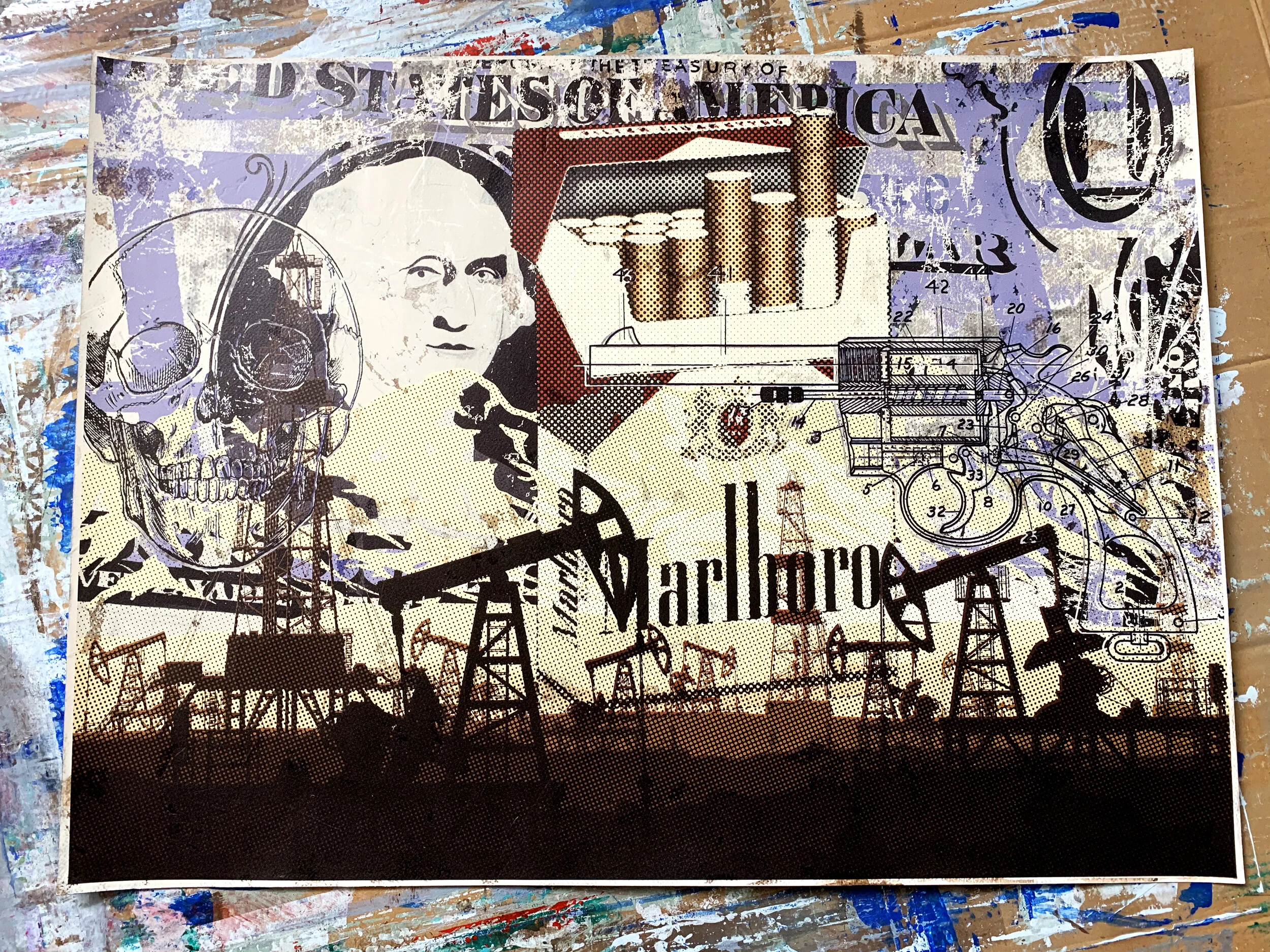 Oil Field Disaster with Cigarettes in progress on studio work table by contemporary pop artist Taylor Smith.jpg