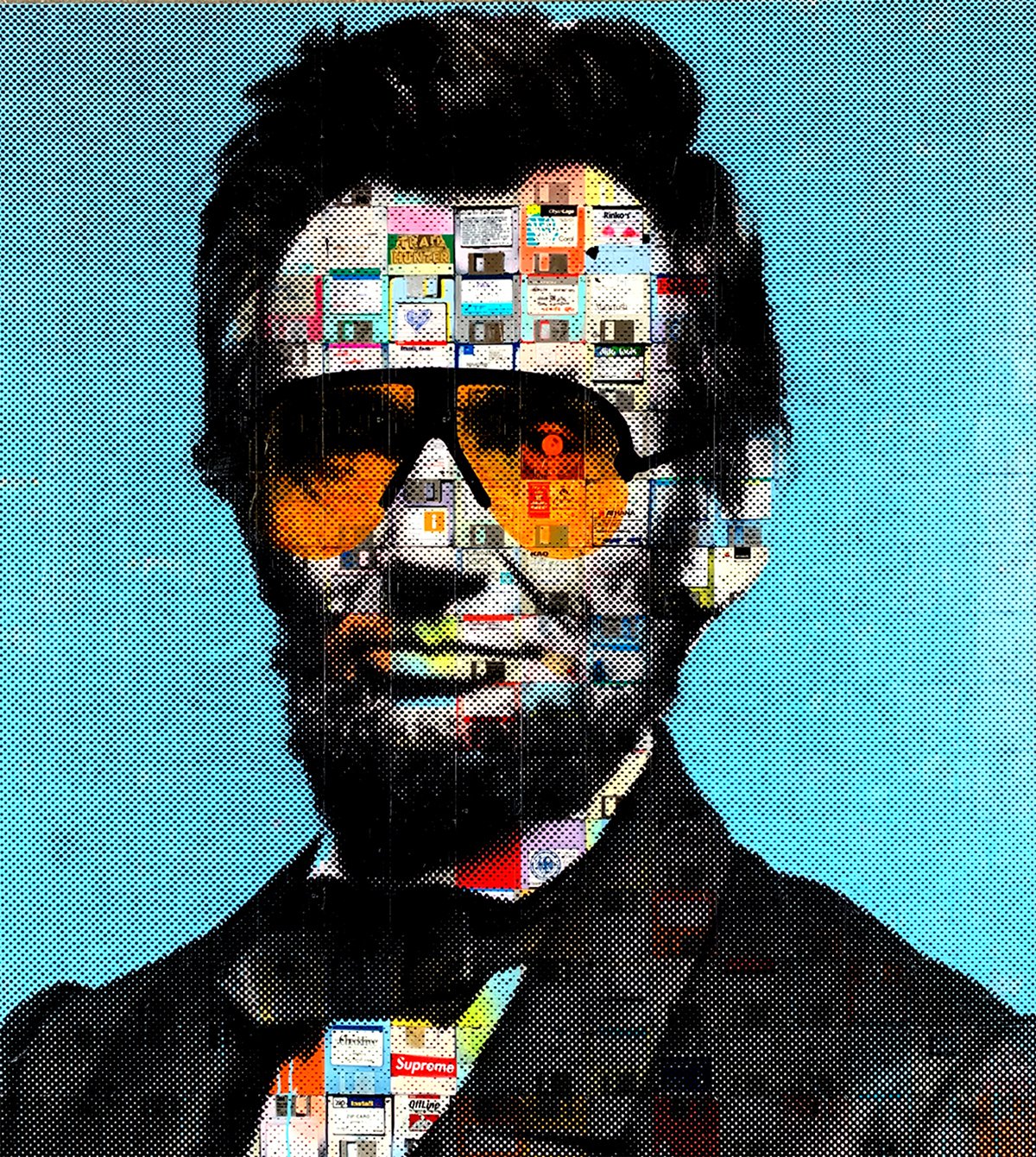"Abraham Lincoln v2.0" (blue) painting on recycled computer floppy disks