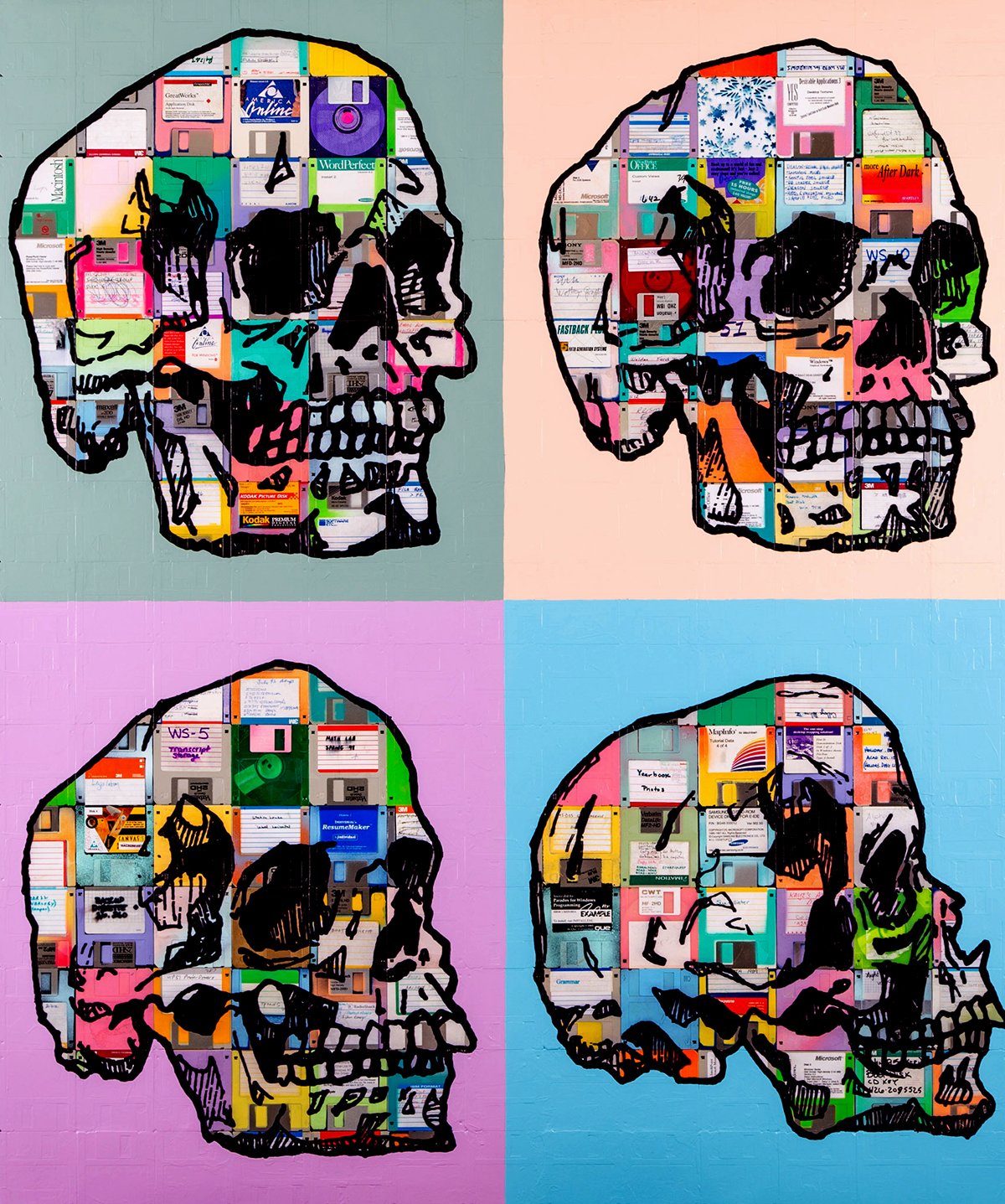 "Memento Mori - All Is Vanity #15" skull painting on vintage recycled computer floppy disks