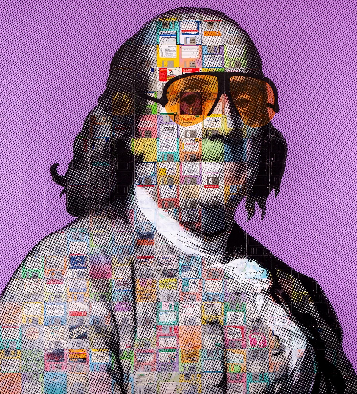 "Benjamin Franklin v2.1" painting on vintage recycled computer floppy disks