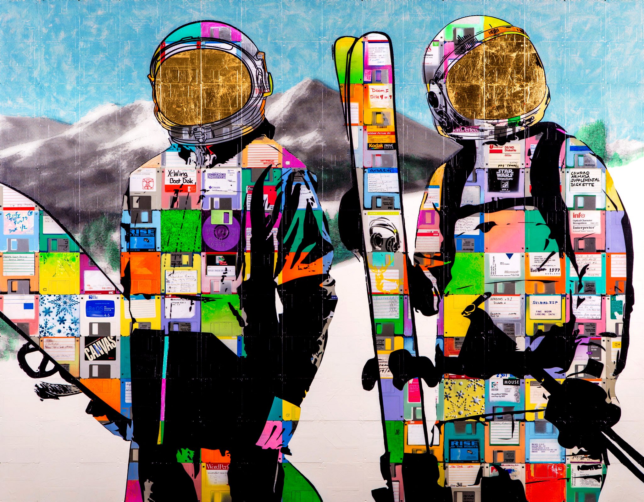 "Celestial Freestyle v2.0" snow ski astronauts painting on recycled computer floppy disks