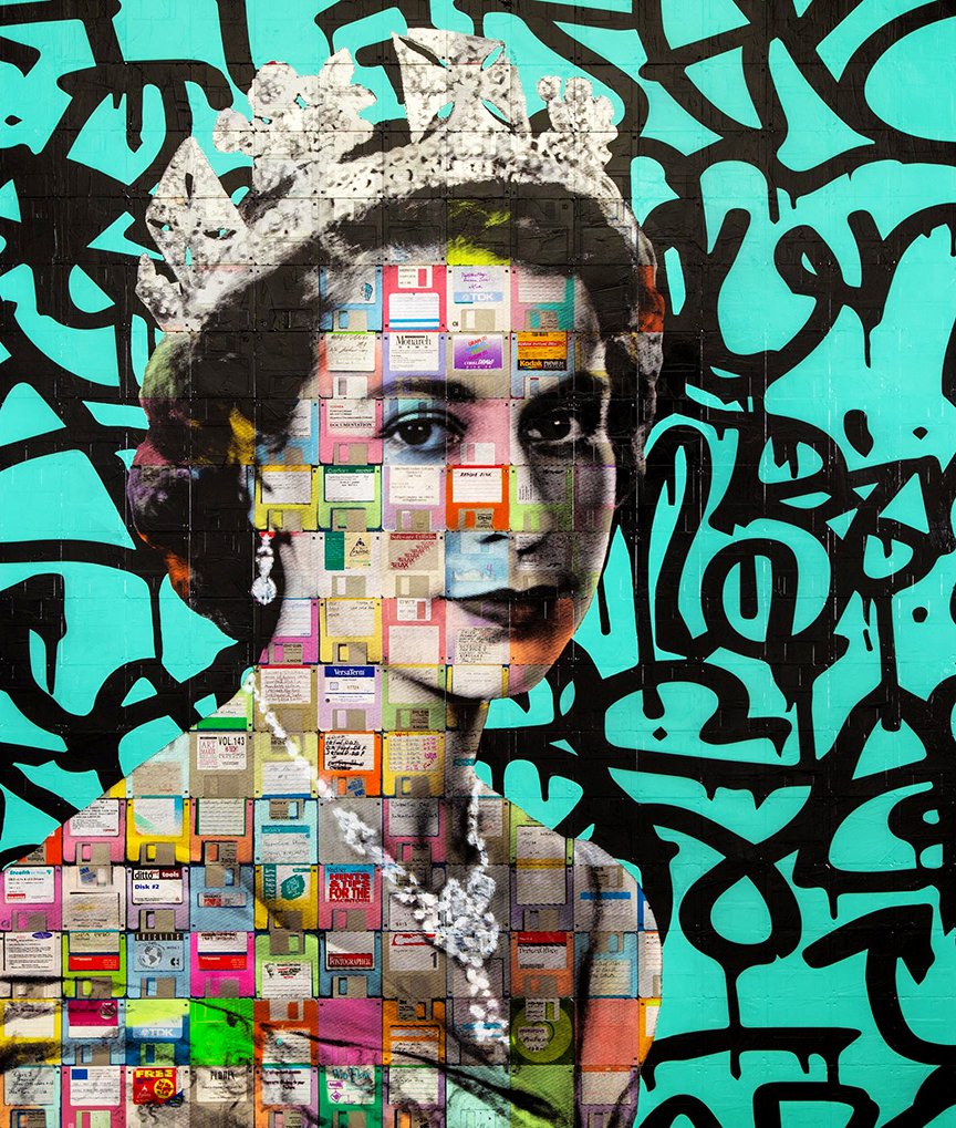 "Queen Elizabeth II v2.2" painting on vintage recycled computer floppy disks