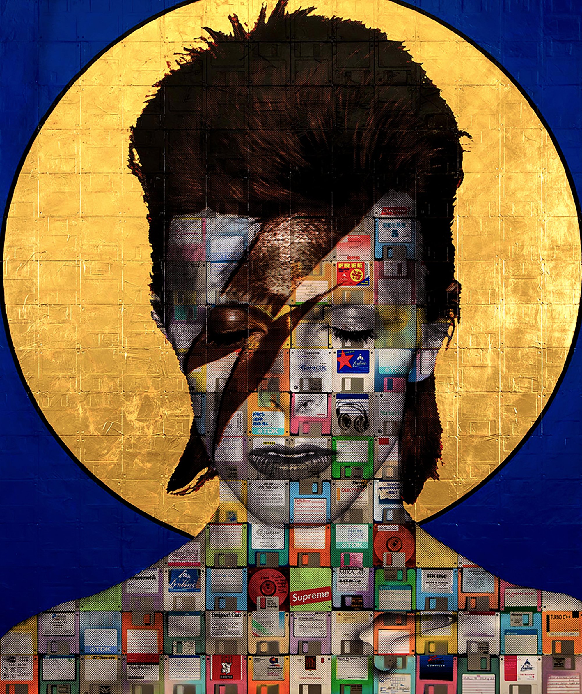 "Ziggy Stardust v2.0" David Bowie painting on recycled computer floppy disks