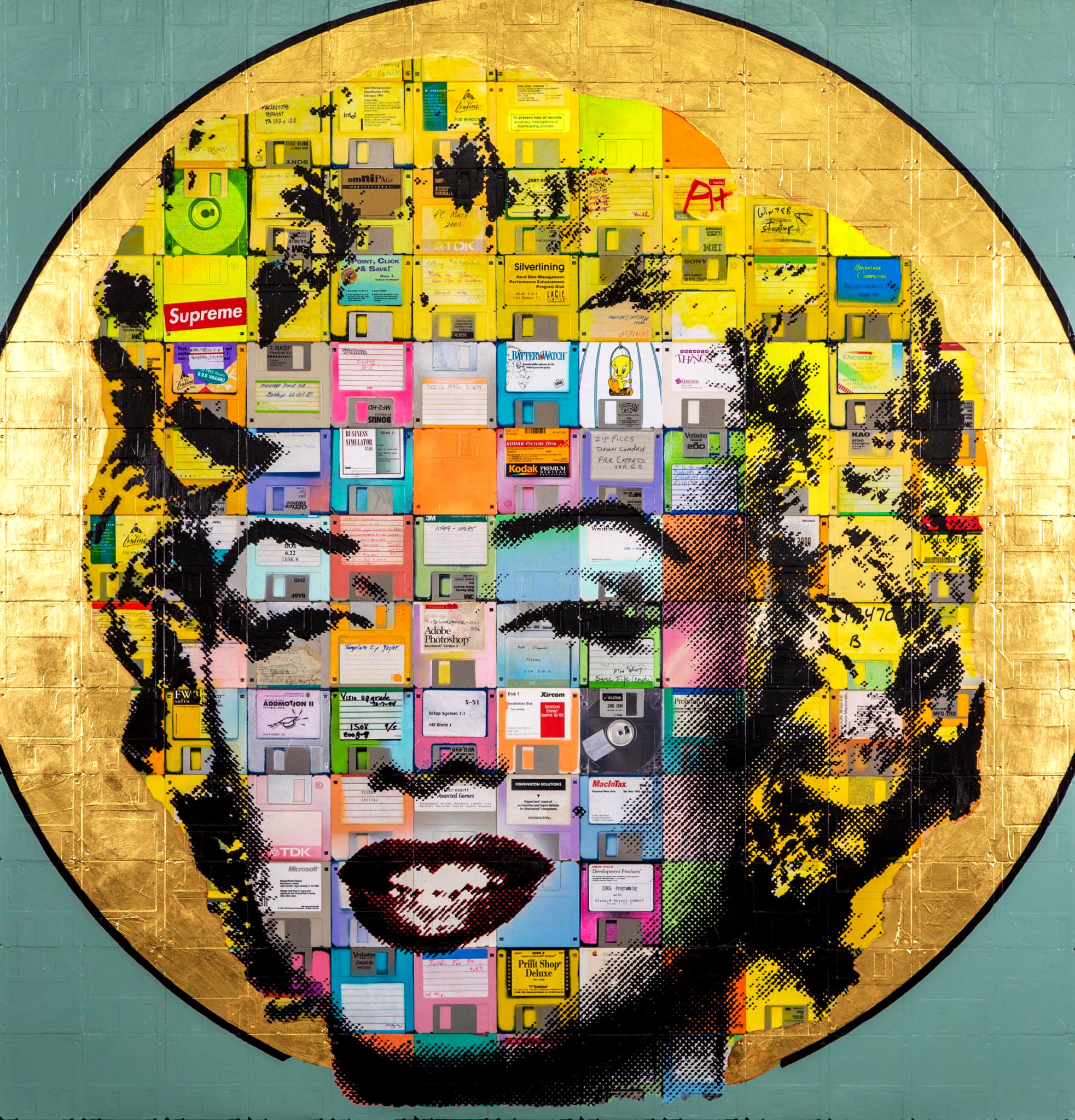 "Marilyn Monroe v2.1" pop art portrait painting on recycled computer floppy disks