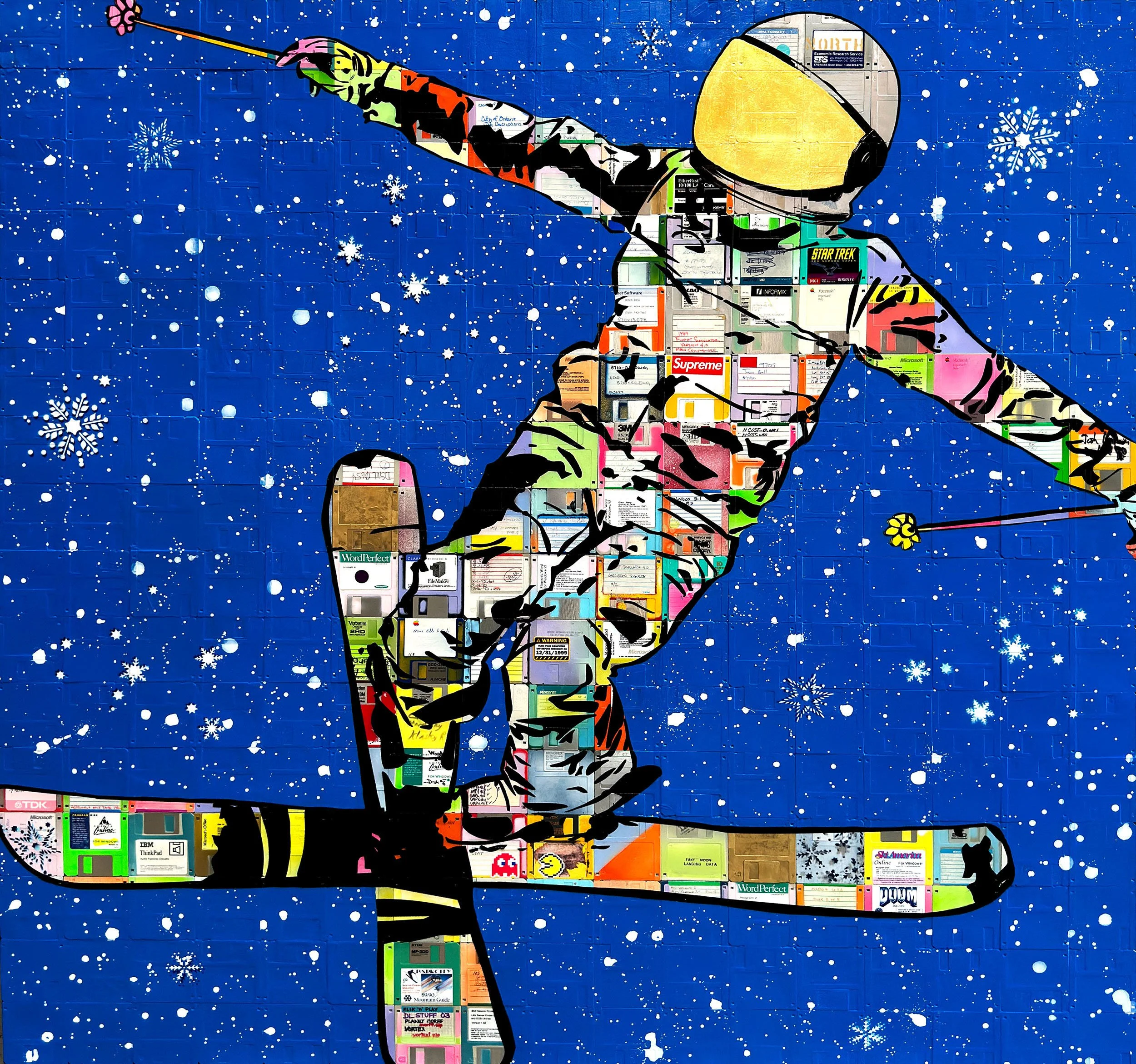 Celestial Freestyle — Astronaut Skier Floppy Disk Painting by Taylor Smith
