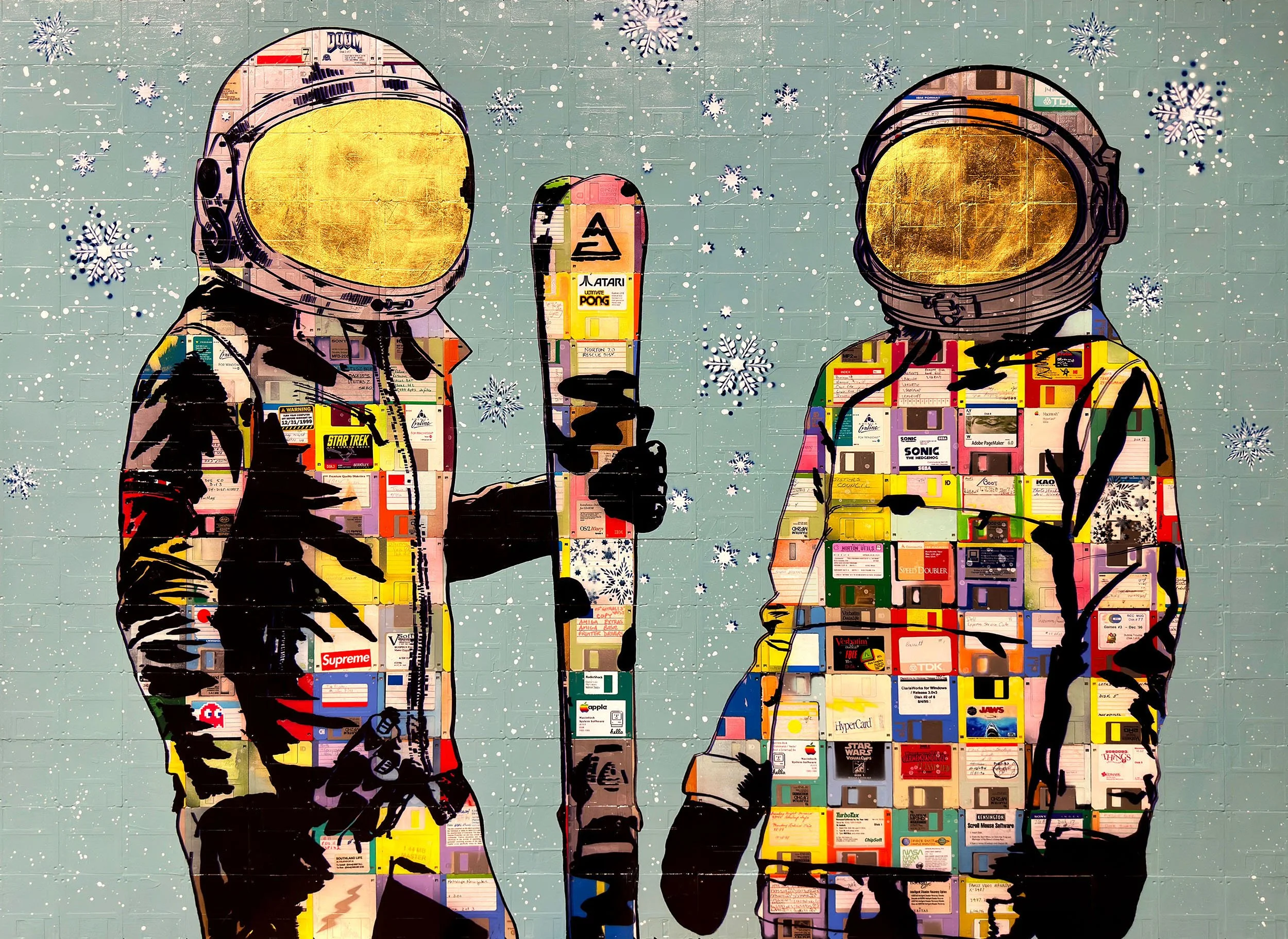 Celestial Freestyle — Astronaut Skiers Floppy Disk Painting by Taylor Smith