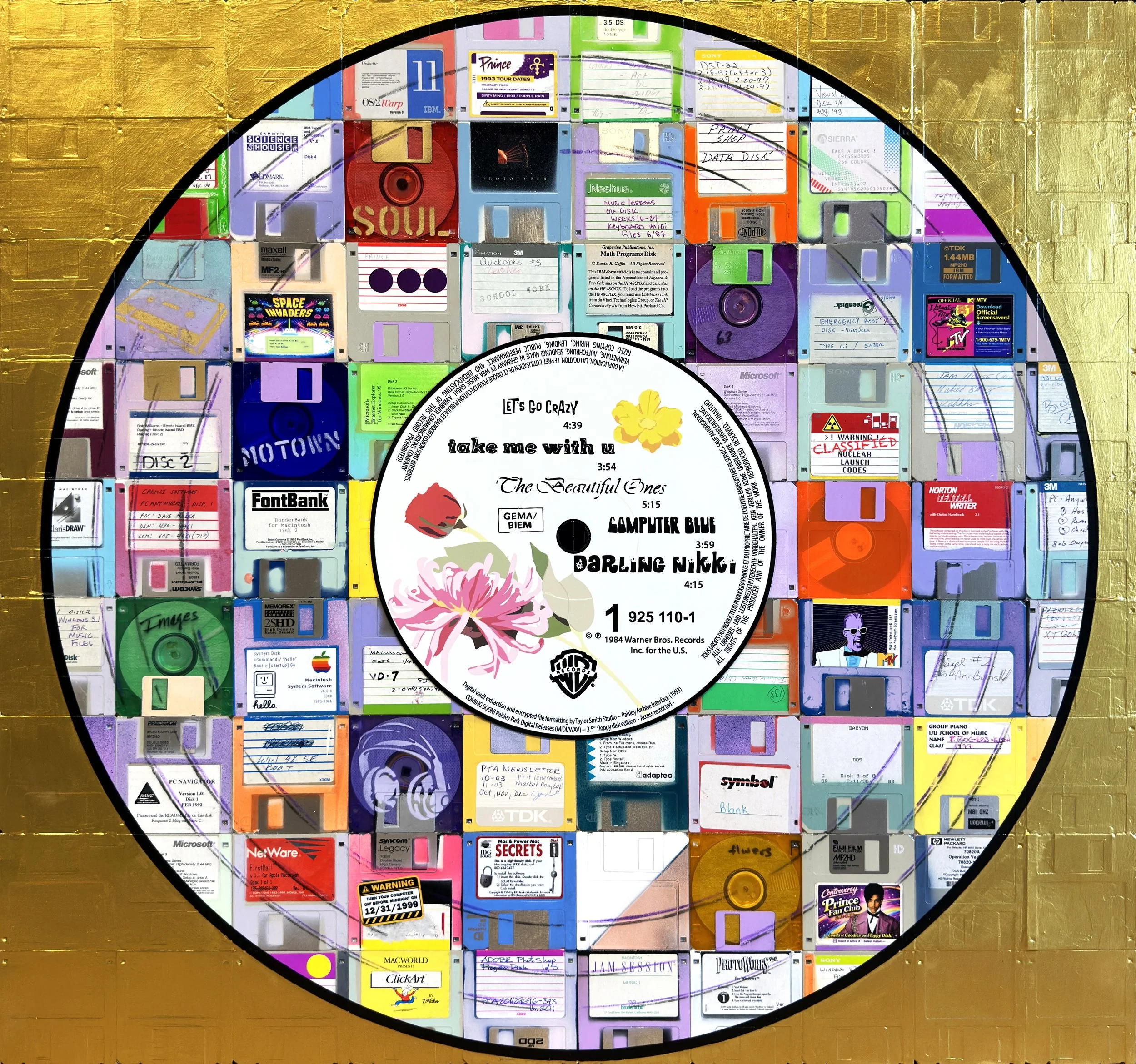 Purple Rain (Side 1) by Taylor Smith, a mixed-media Vinyl Series artwork constructed from ninety vintage 3.5-inch floppy disks and a custom aluminum center disc.