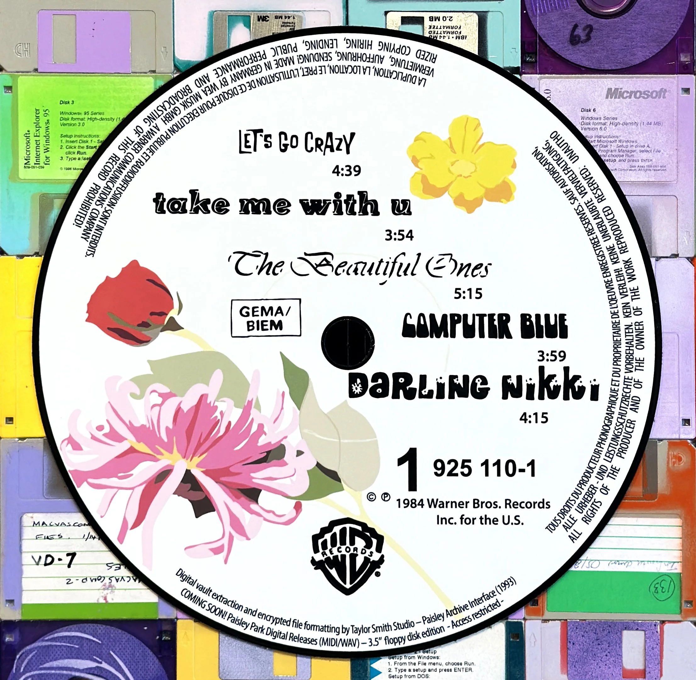 Close-up of the custom aluminum center disc in Taylor Smith’s Purple Rain (Side 1) Vinyl Series artwork.