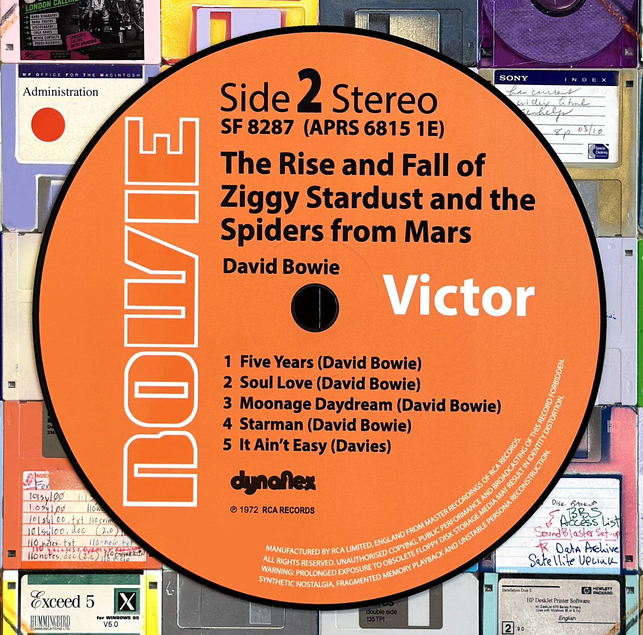 Cropped detail of the reimagined orange center label in Taylor Smith’s David Bowie – Ziggy Stardust (Side 2) Vinyl Series artwork.