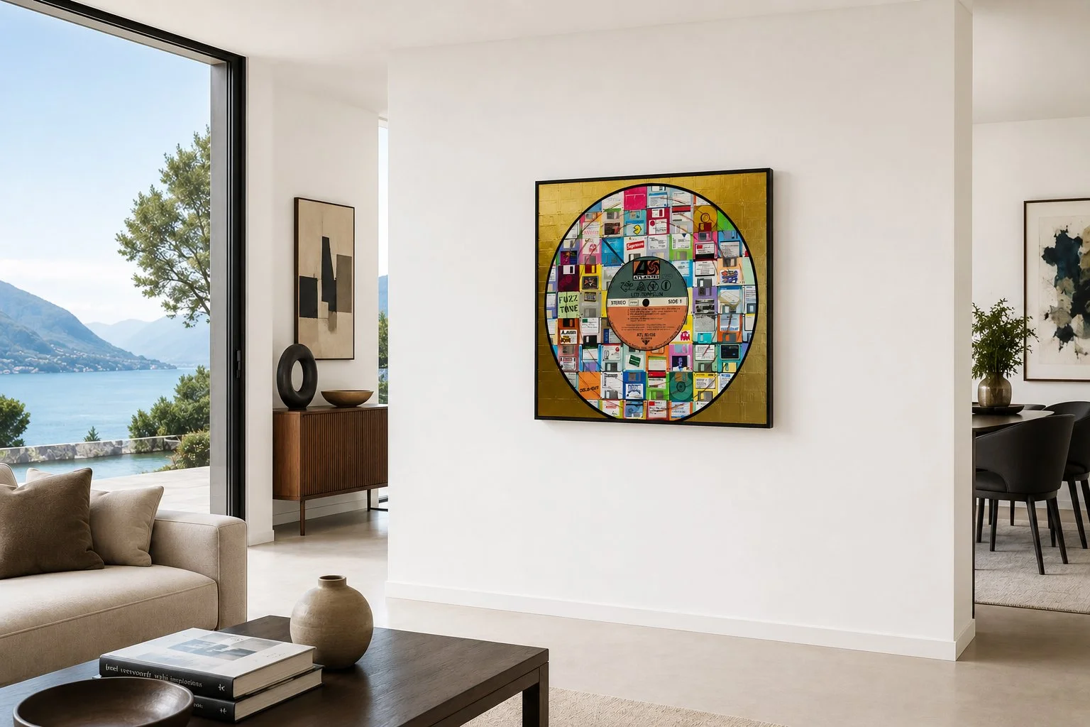 Taylor Smith’s Led Zeppelin IV (Side 1) Vinyl Series artwork installed on a white wall in a contemporary lakefront interior with mountain views.