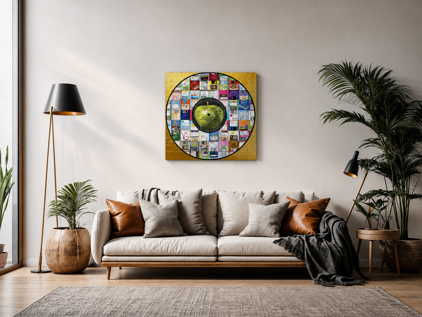 Taylor Smith’s Beatles Abbey Road Side 1 floppy disk artwork displayed in a contemporary living room.