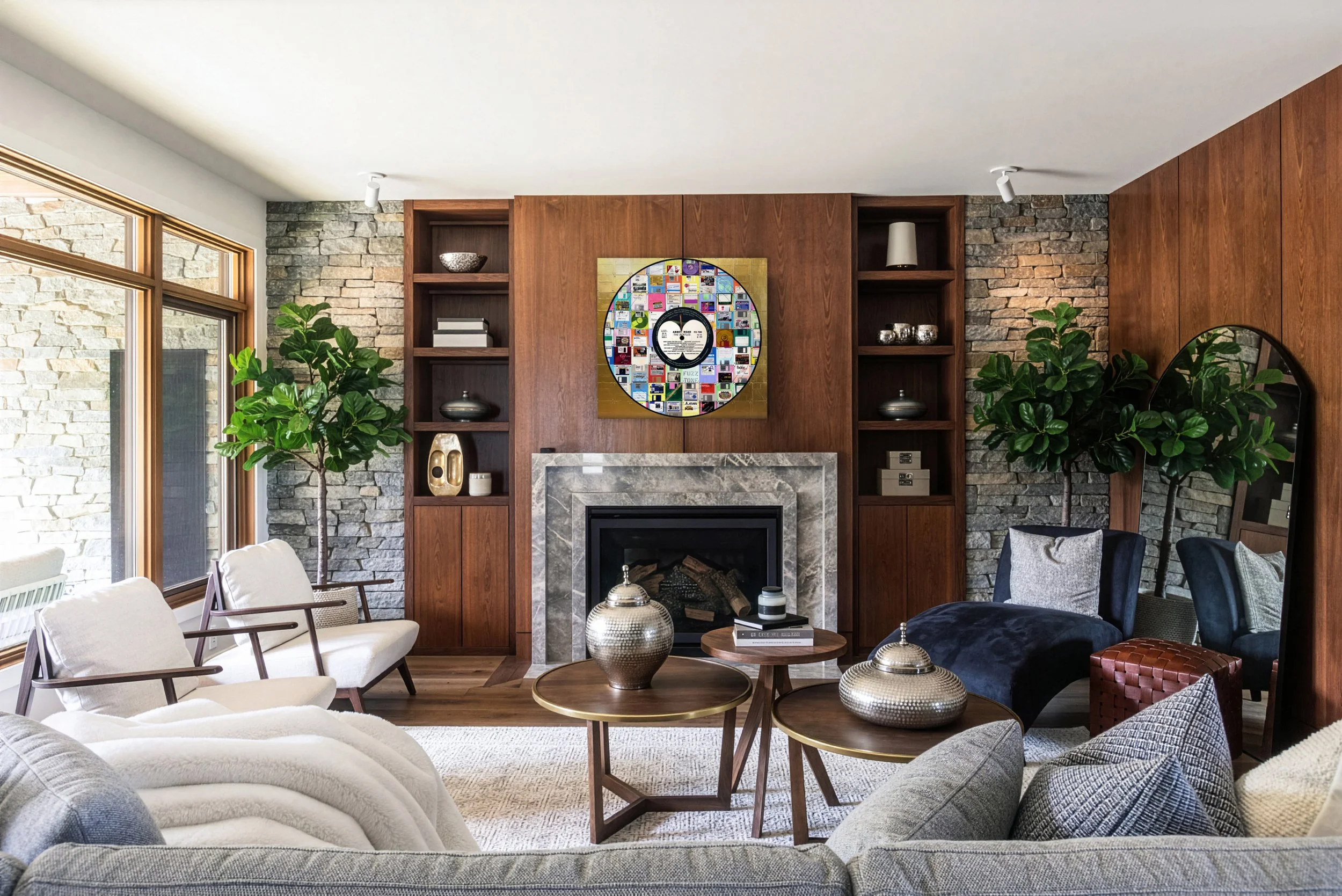 Taylor Smith Abbey Road (Side 2) Vinyl Series artwork displayed above a fireplace in a contemporary mountain home.