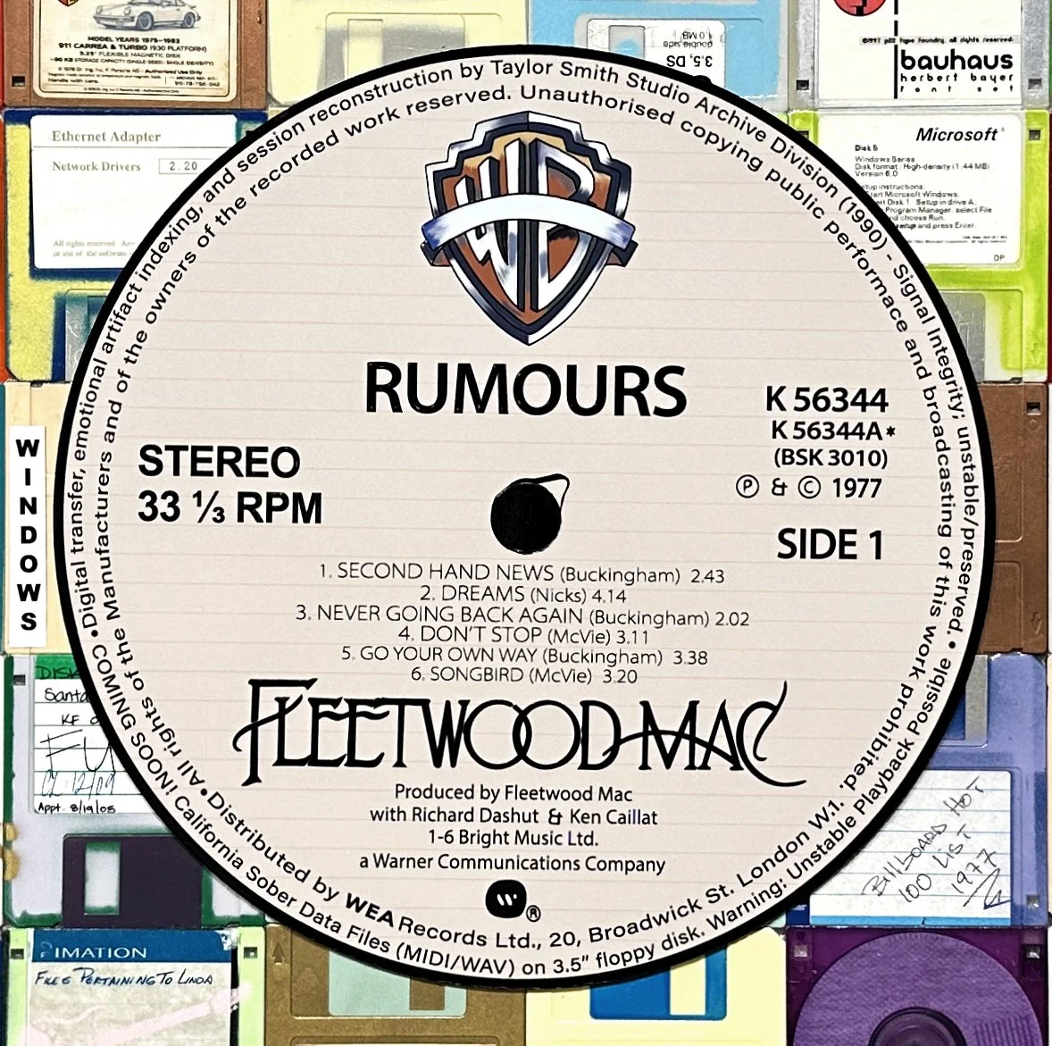 Fleetwood Mac Rumours Side 1 reimagined center label produced on a custom cut aluminum disk