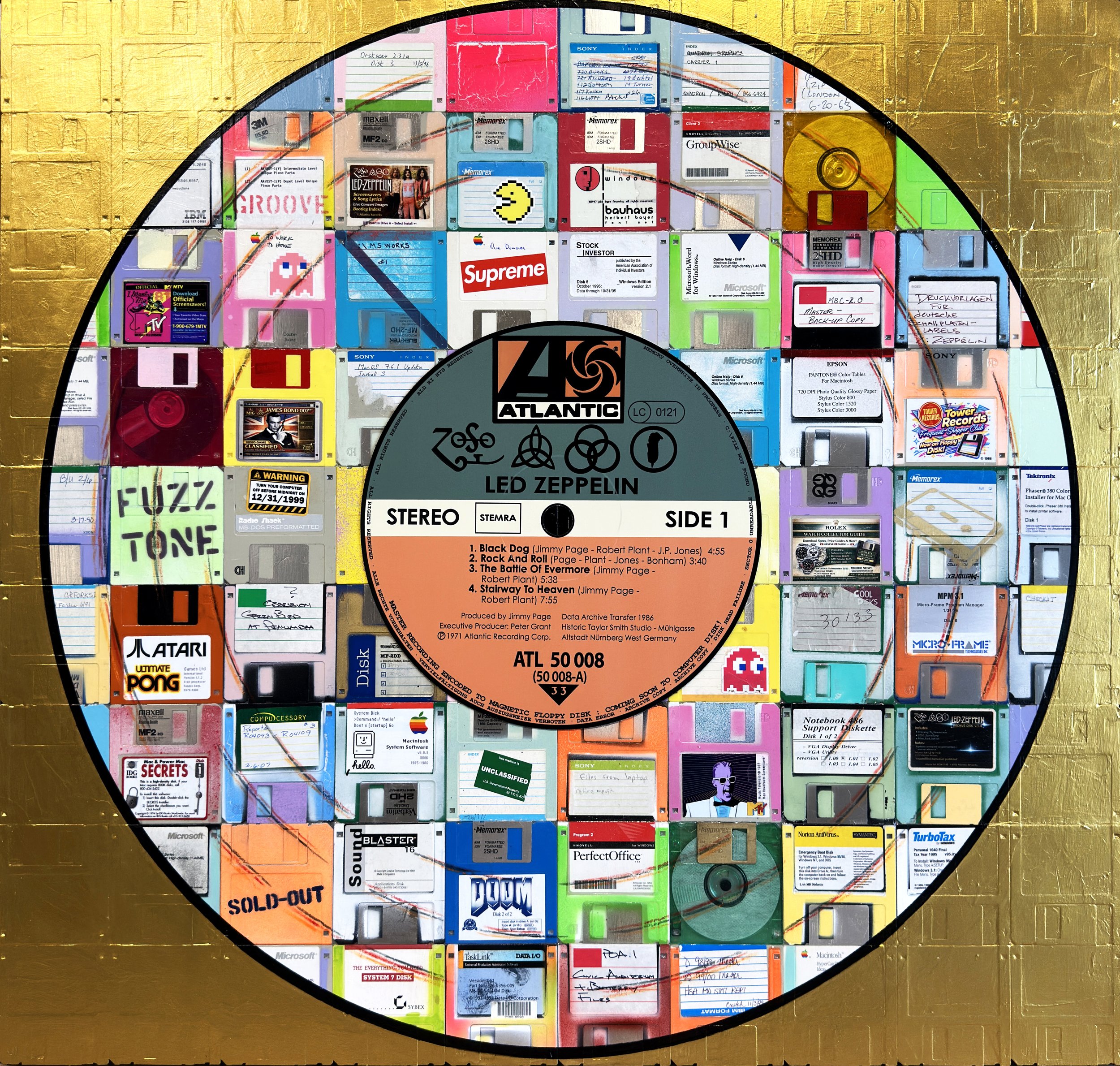 Led Zeppelin IV (Side 1) v2.0 by Taylor Smith, mixed-media Vinyl Series artwork constructed from vintage 3.5-inch floppy disks with a custom aluminum center disc.