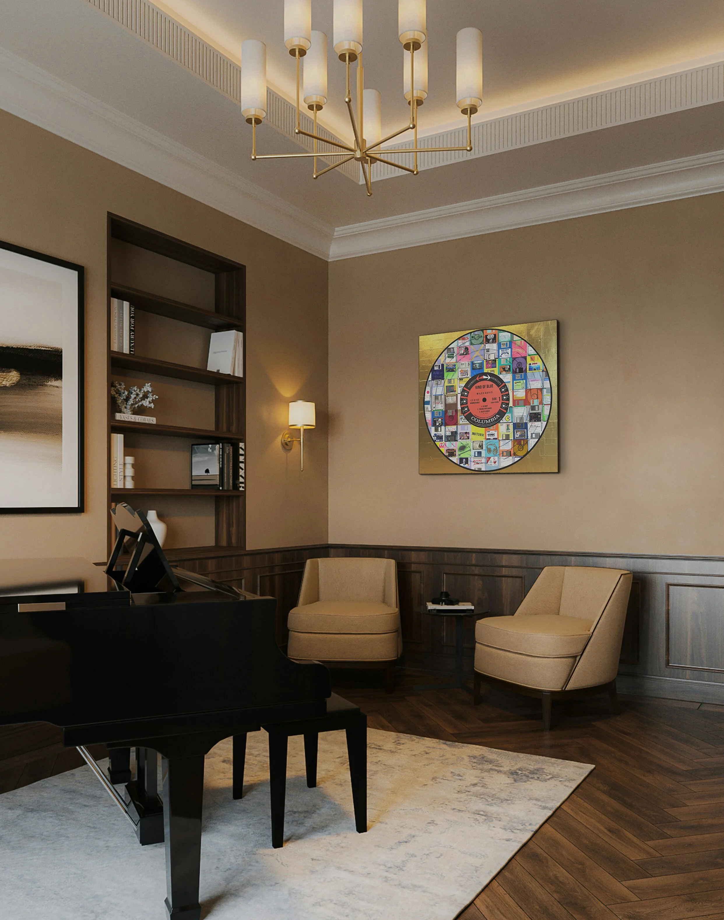 Taylor Smith Kind of Blue (Side 1) Vinyl Series artwork displayed in an elegant residential music room with a grand piano.