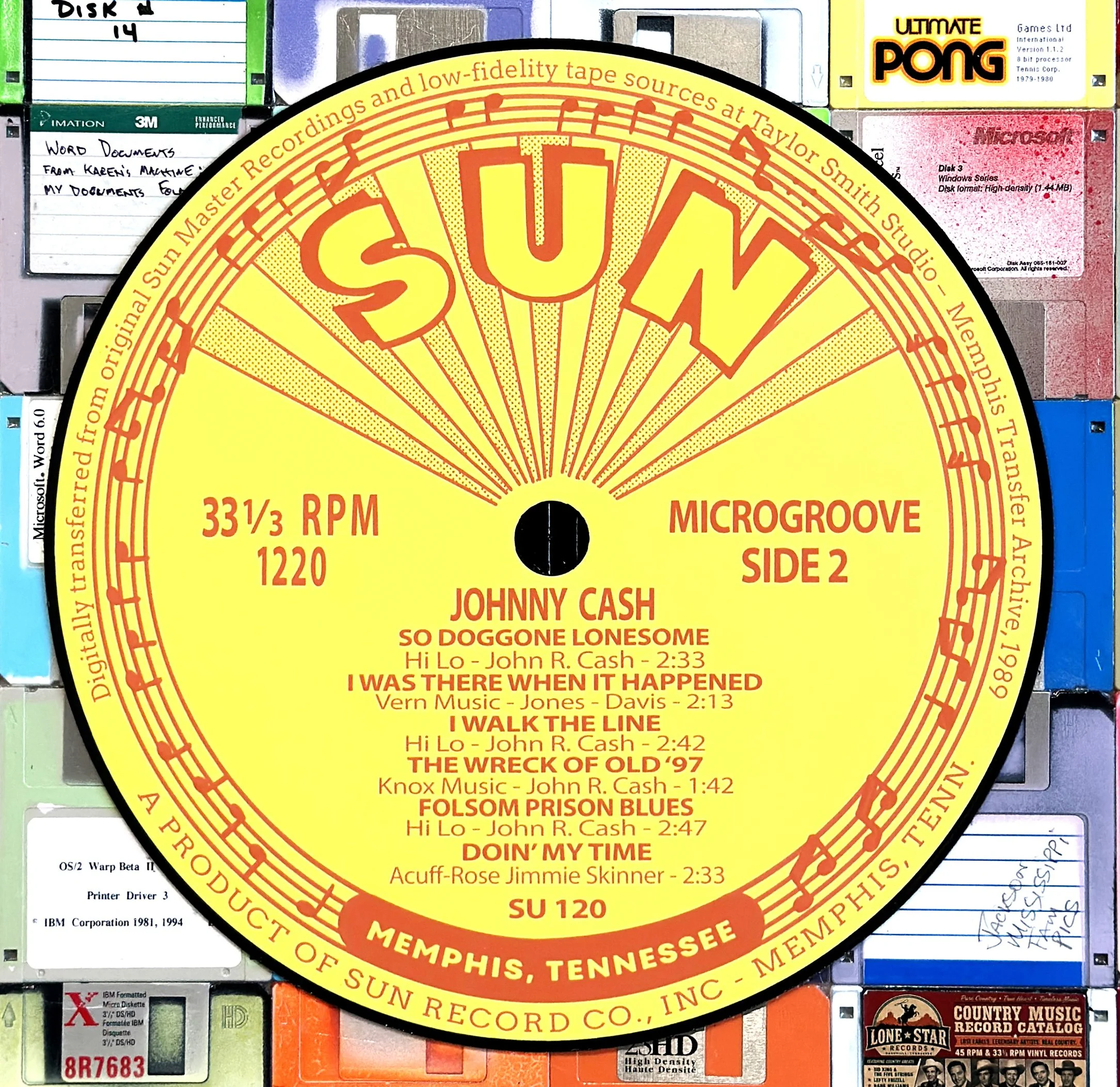 Close-up of Taylor Smith’s reimagined Sun Records center disc for At Folsom Prison (Side 2), created for the Vinyl Series.