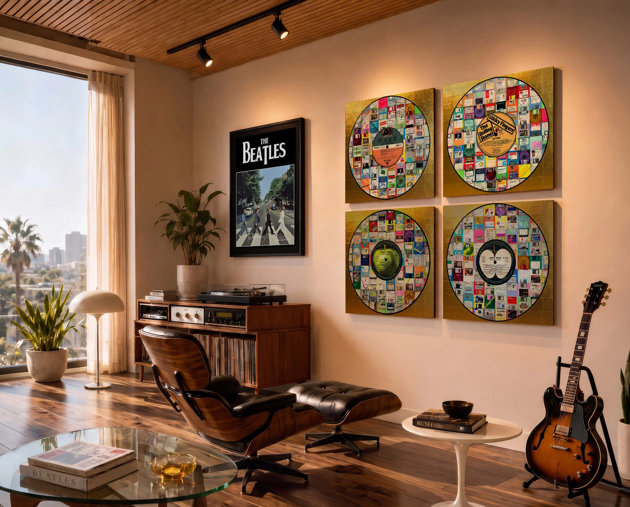 Taylor Smith Vinyl Series artworks made from vintage 3.5-inch floppy disks, shown in a Los Angeles interior