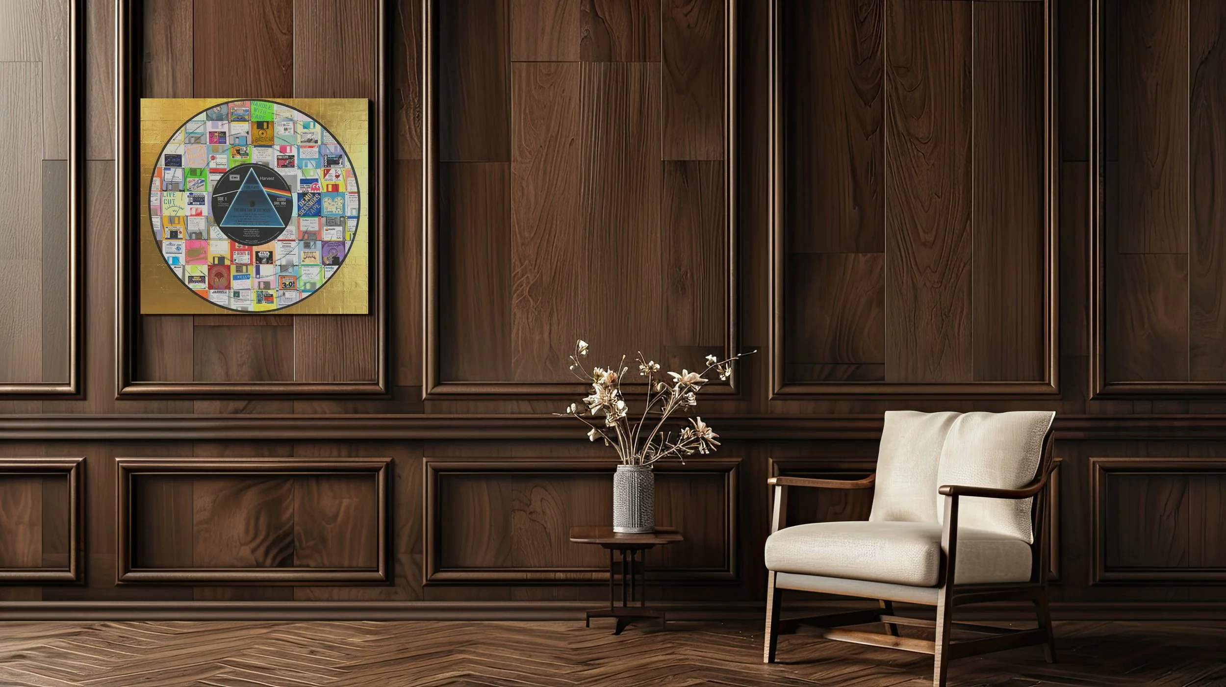 Pink Floyd The Dark Side of the Moon (Side 1) by Taylor Smith, mixed-media Vinyl Series artwork made from vintage floppy disks, shown in a contemporary wood-paneled interior.