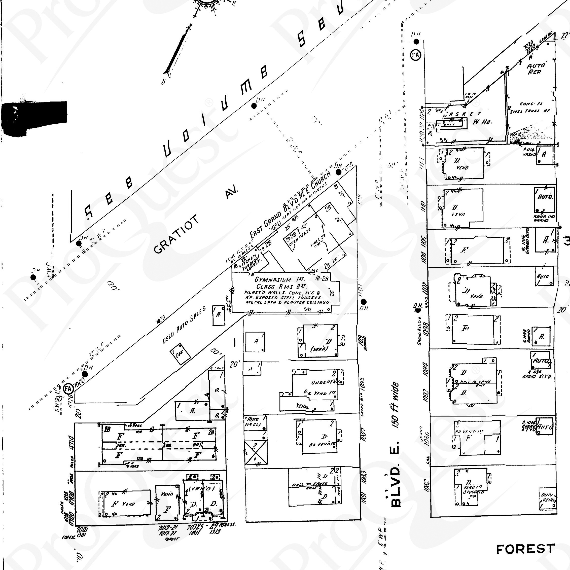 This map from the 1930s shows the widening of Gratiot Avenue. The map also shows the parish house, denoting its pilastered walls, exposed steel trusses, and plastered ceiling. The kitchen that was added is also shown. Note the name change, as well.