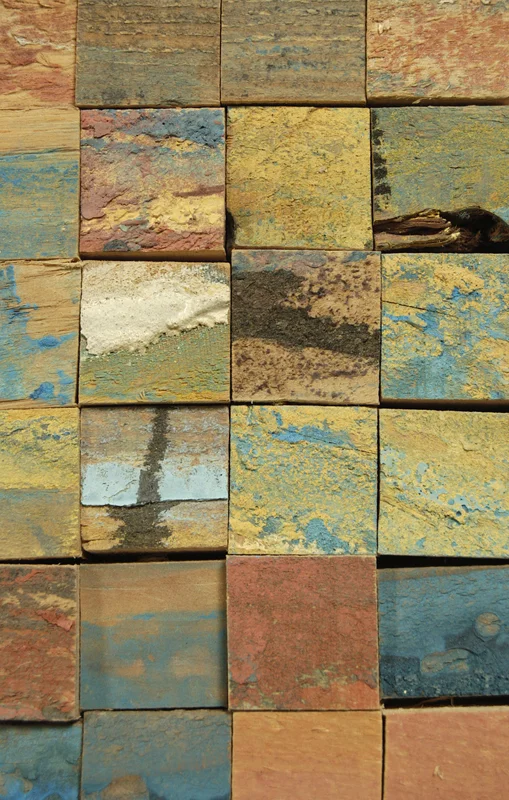 5,874 views (detail), 2014, Wood, concrete, and ink, 82 x 73 x 19 inches