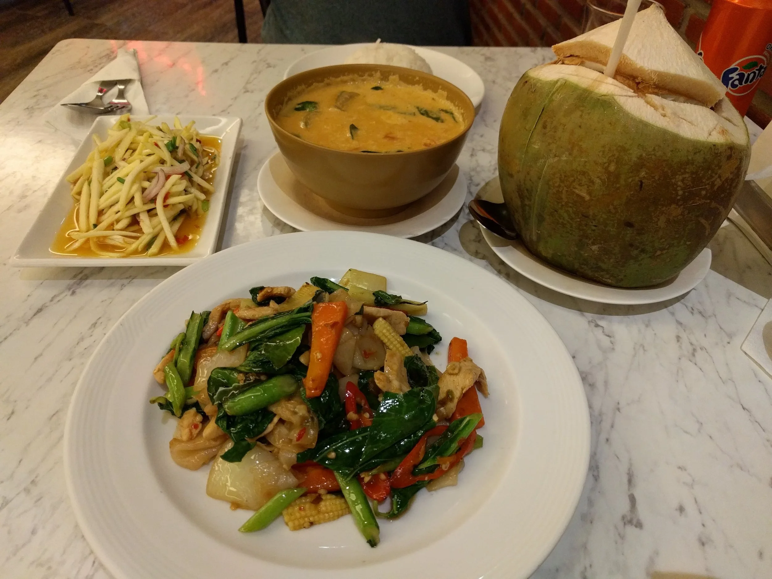 Panang curry, green mango salad, and pad kee maw