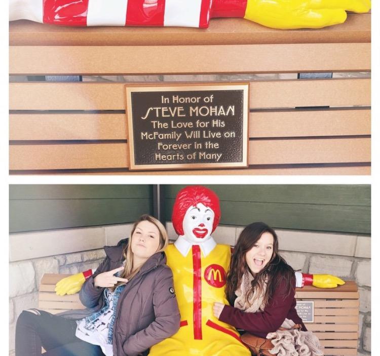 Bench outside of Chicago's Ronald McDonald House in Memoriam of Steve Mohan. Pictured with Ronald is Steve and Anne's daughter, Paige, and her friend.