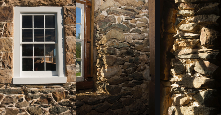  Series of images: Exterior barn window is surrounded by traditional masonry. The interior stone is common, unpointed rubble, true to period construction. 